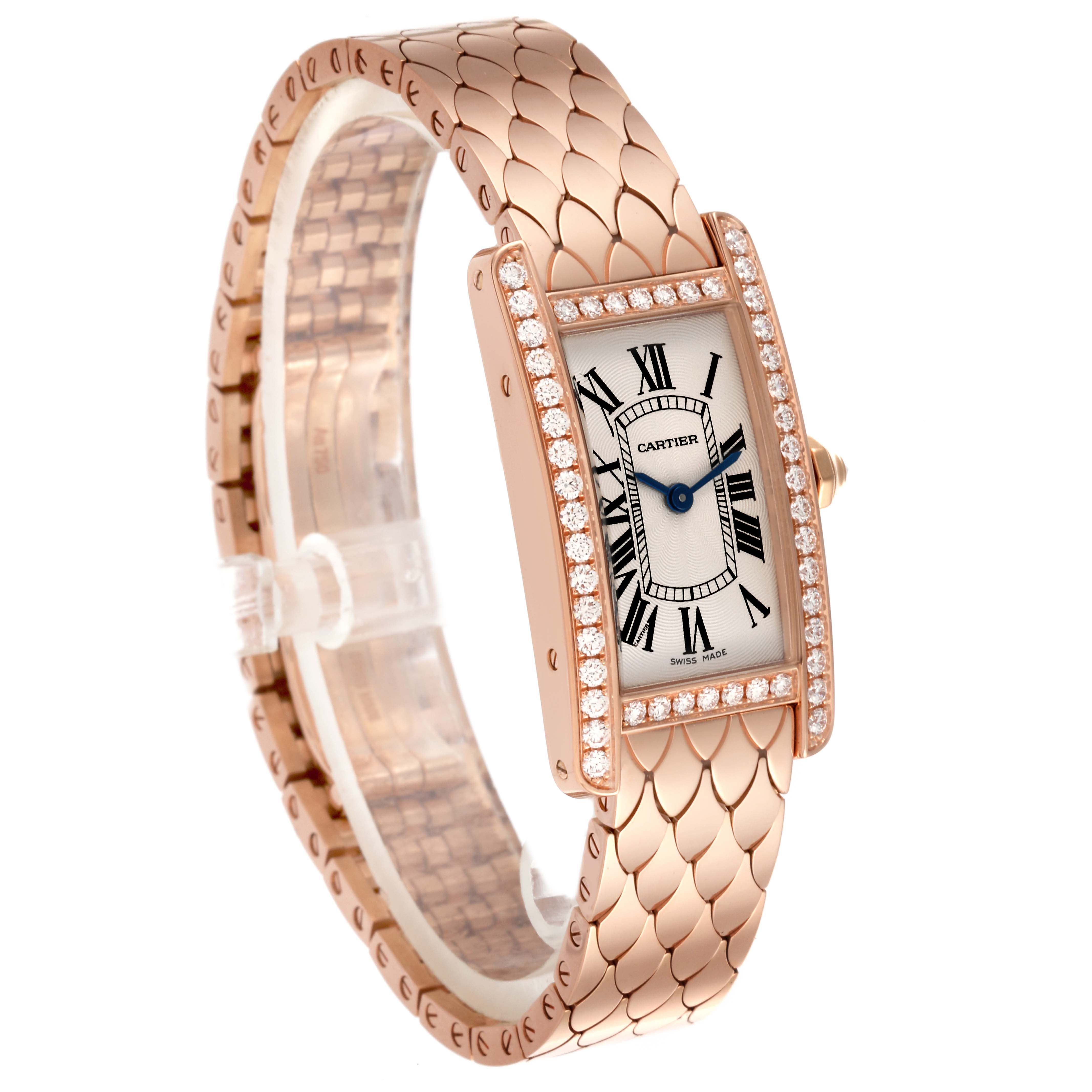 The Cartier Tank Americaine WB710008 Women's Rose Gold Silver Dial WB710008 Women's Rose Gold Silver Dial watch is shown at an angle highlighting the face, diamond bezel, and intricate bracelet design.