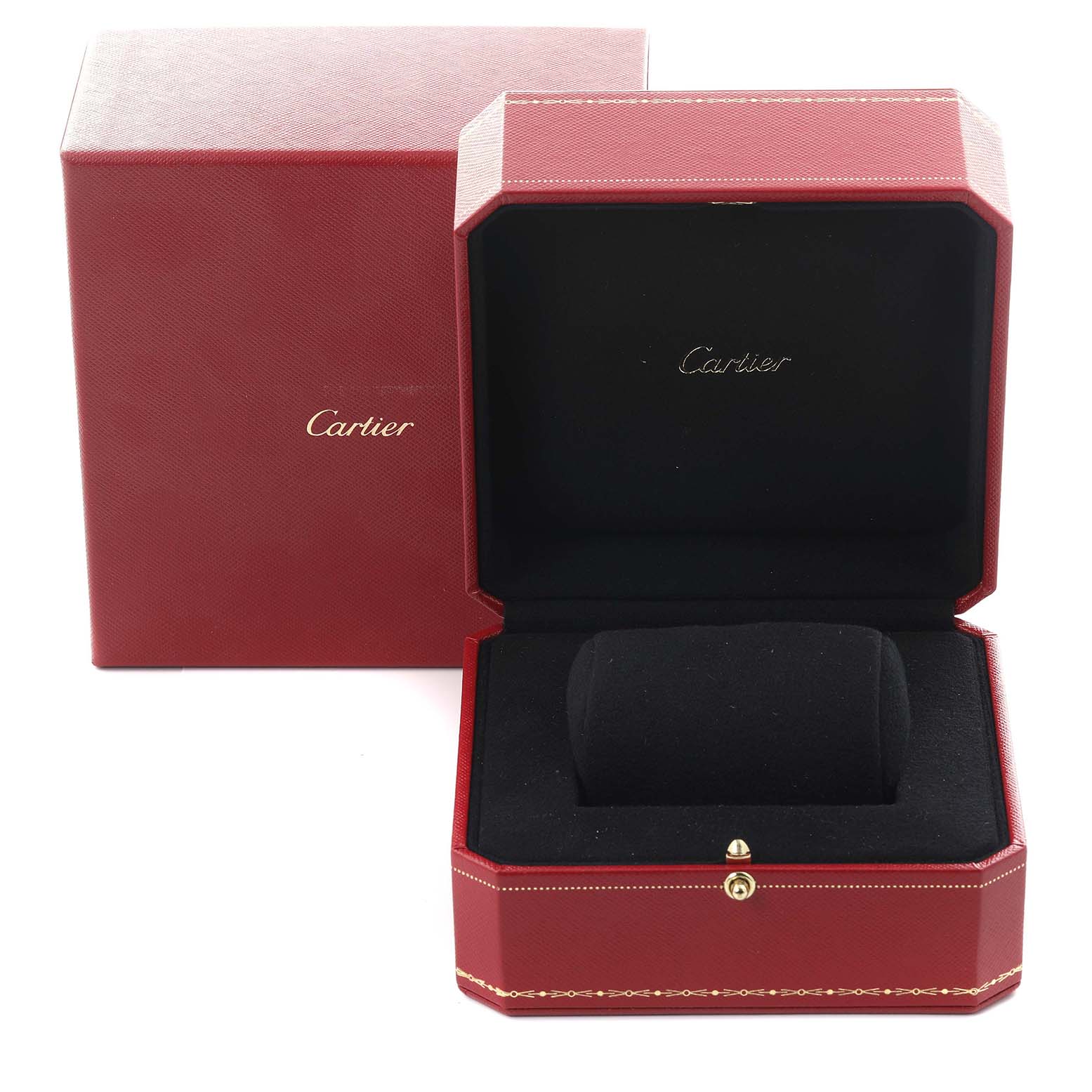 The image shows a Cartier Tank Americaine WB710008 Women's Rose Gold Silver Dial WB710008 Women's Rose Gold Silver Dial watch box, open with a cushion inside, and the matching outer box.