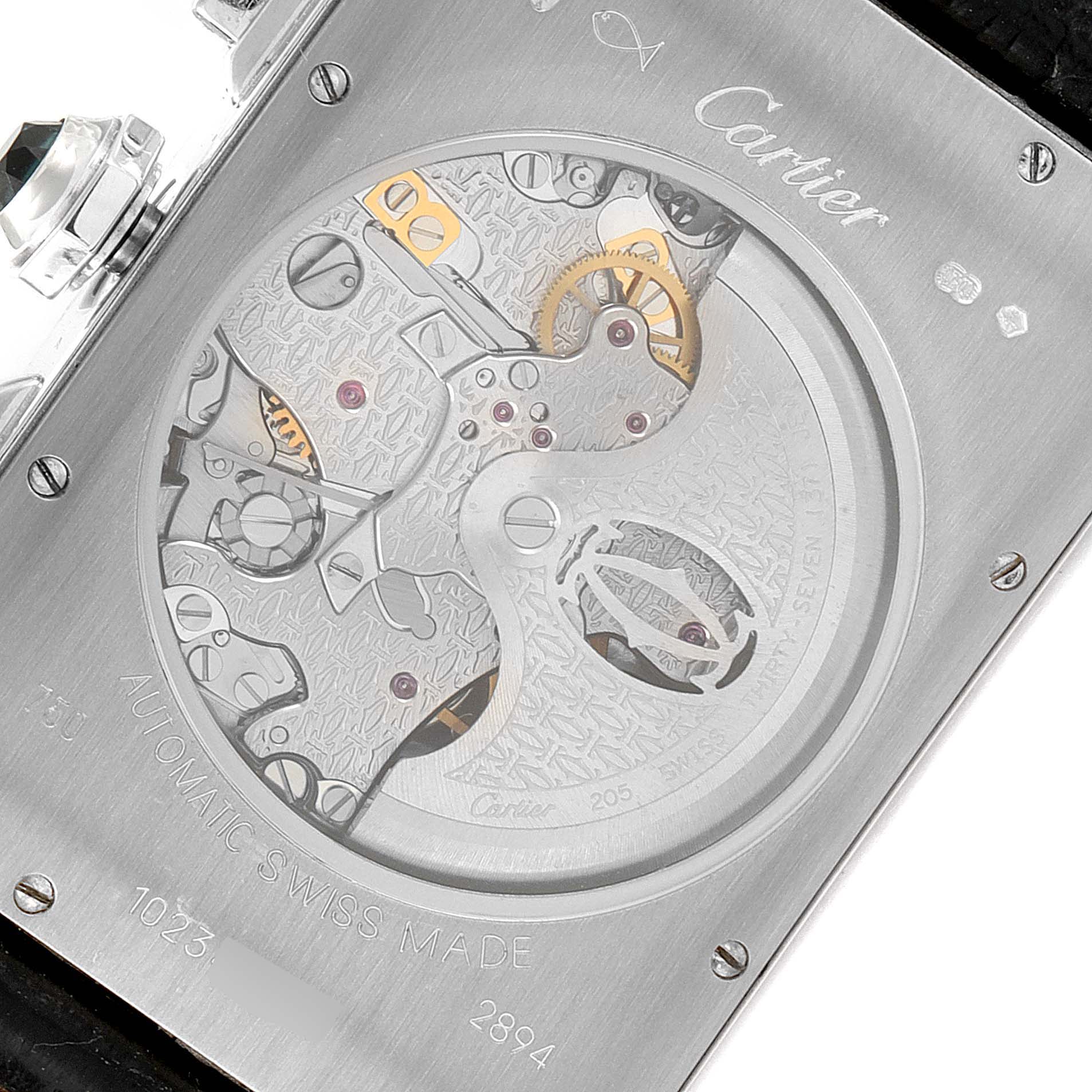 The image shows the intricate back view of the Cartier Tank Americaine W2609456 Men's Rose Gold Silver Dial W2609456 Men's Rose Gold Silver Dial watch, highlighting its internal automatic movement.