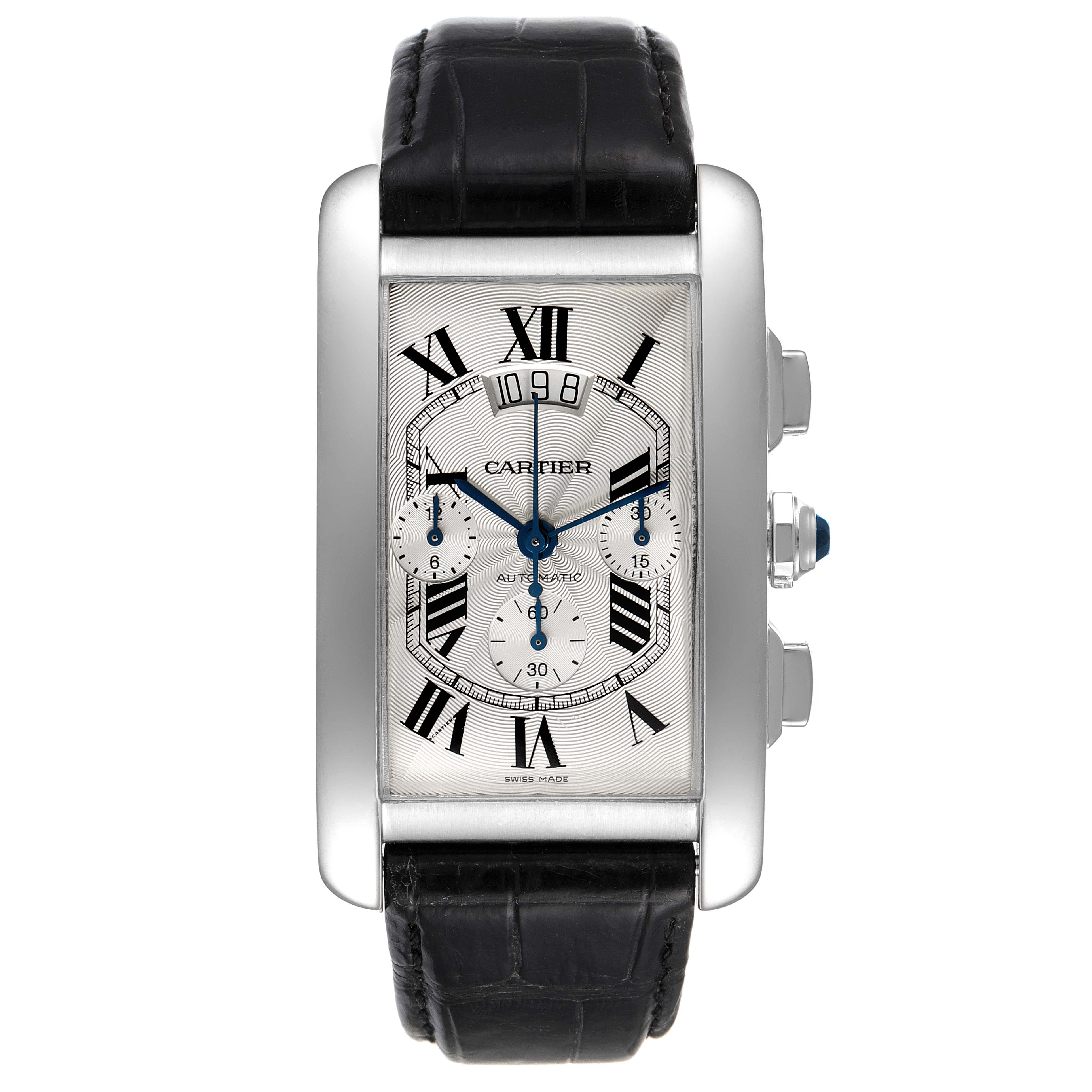 The Cartier Tank Americaine W2609456 Men's Rose Gold Silver Dial W2609456 Men's Rose Gold Silver Dial watch is shown from a front angle, displaying its dial, strap, and side buttons.