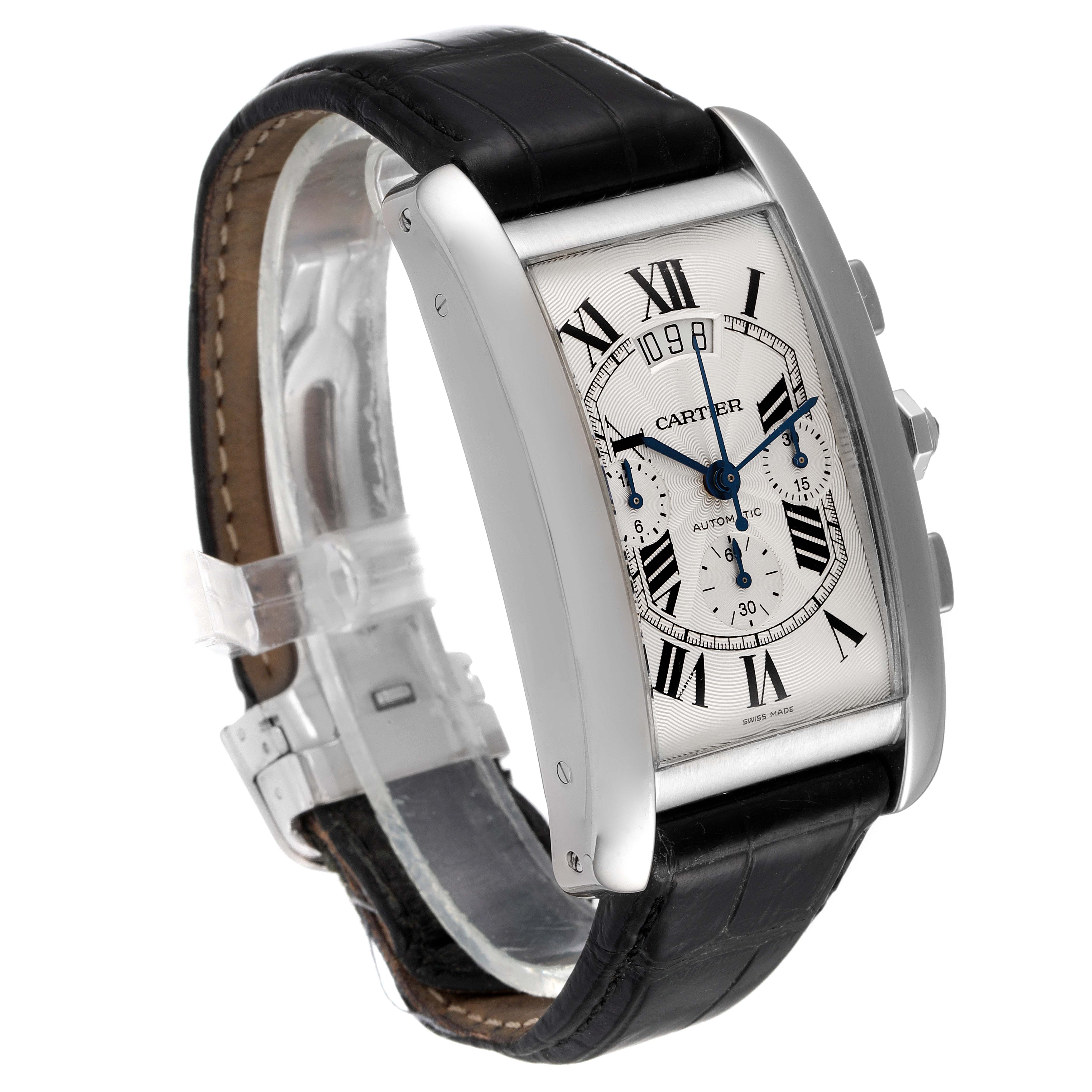 The image shows a Cartier Tank Américaine watch at a slight angle, highlighting the face, case, and leather strap.