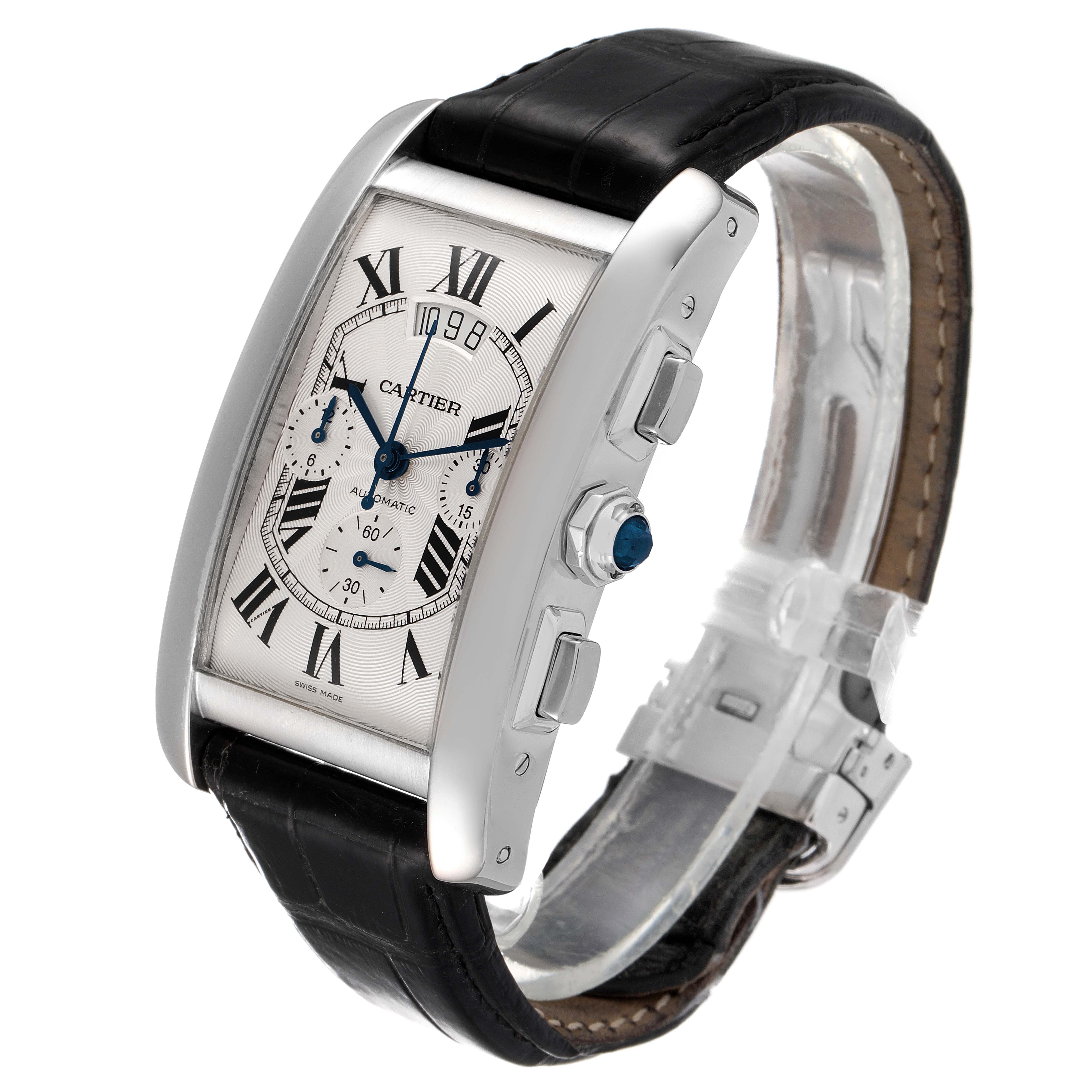 This image shows a Cartier Tank Americaine W2609456 Men's Rose Gold Silver Dial W2609456 Men's Rose Gold Silver Dial model watch at a three-quarter angle, highlighting the side buttons and black leather strap.