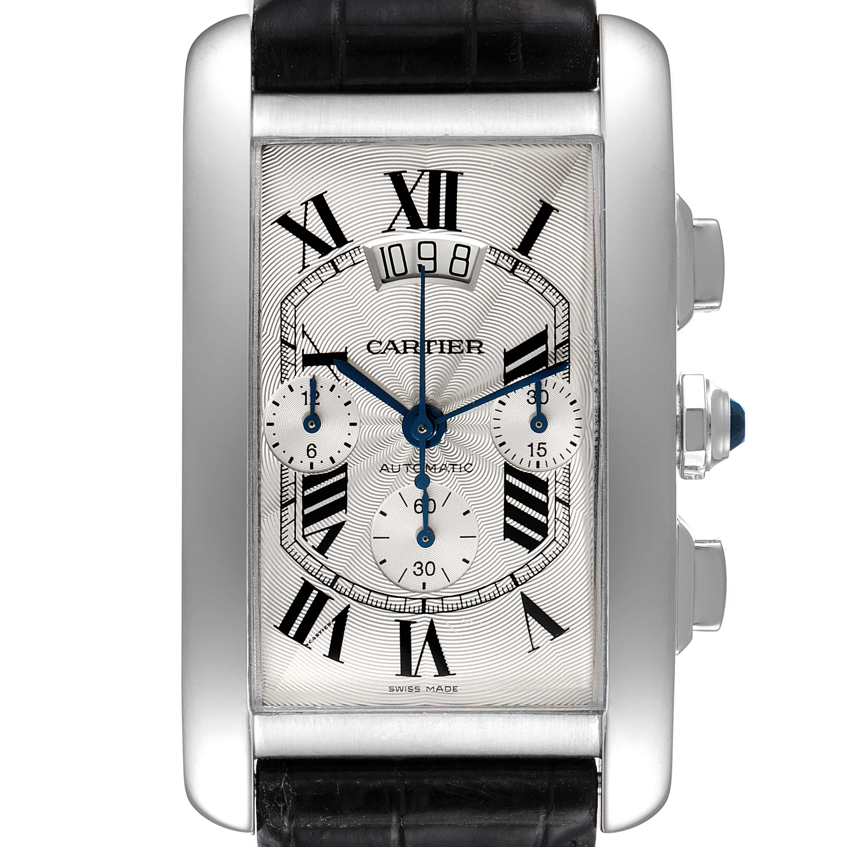 The image shows the front view of a Cartier Tank Américaine watch, highlighting its rectangular face, Roman numerals, subdials, and leather strap.