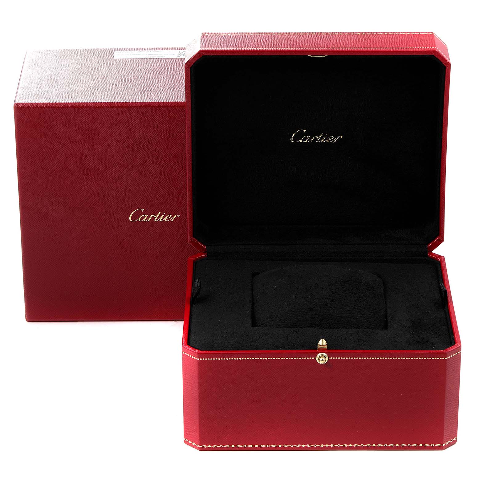 The image shows the red Cartier box and packaging for the Tank Americaine model watch, with the box open and empty.