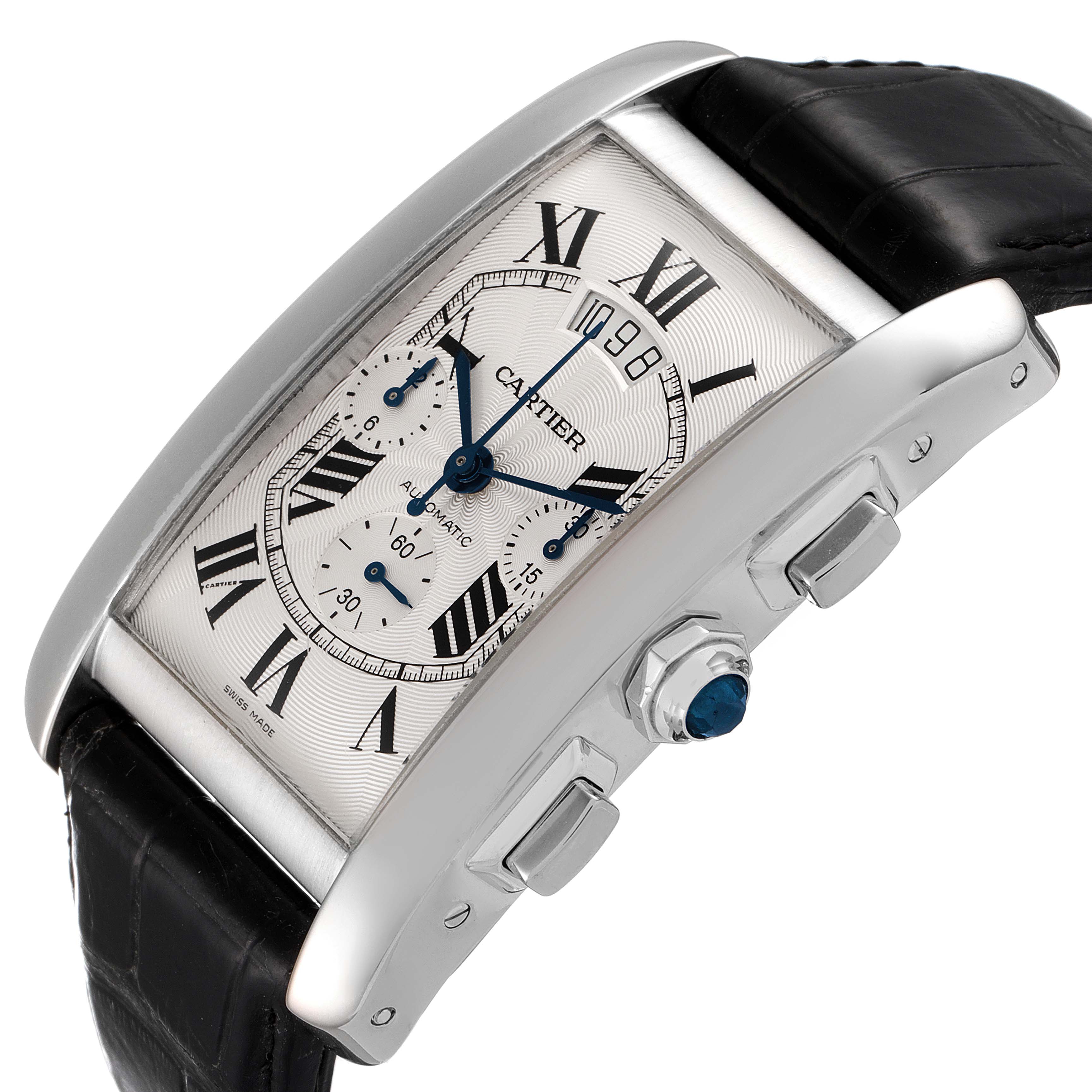 The Cartier Tank Americaine W2609456 Men's Rose Gold Silver Dial W2609456 Men's Rose Gold Silver Dial watch is shown at a three-quarter angle, highlighting its rectangular face, Roman numerals, and side crown.