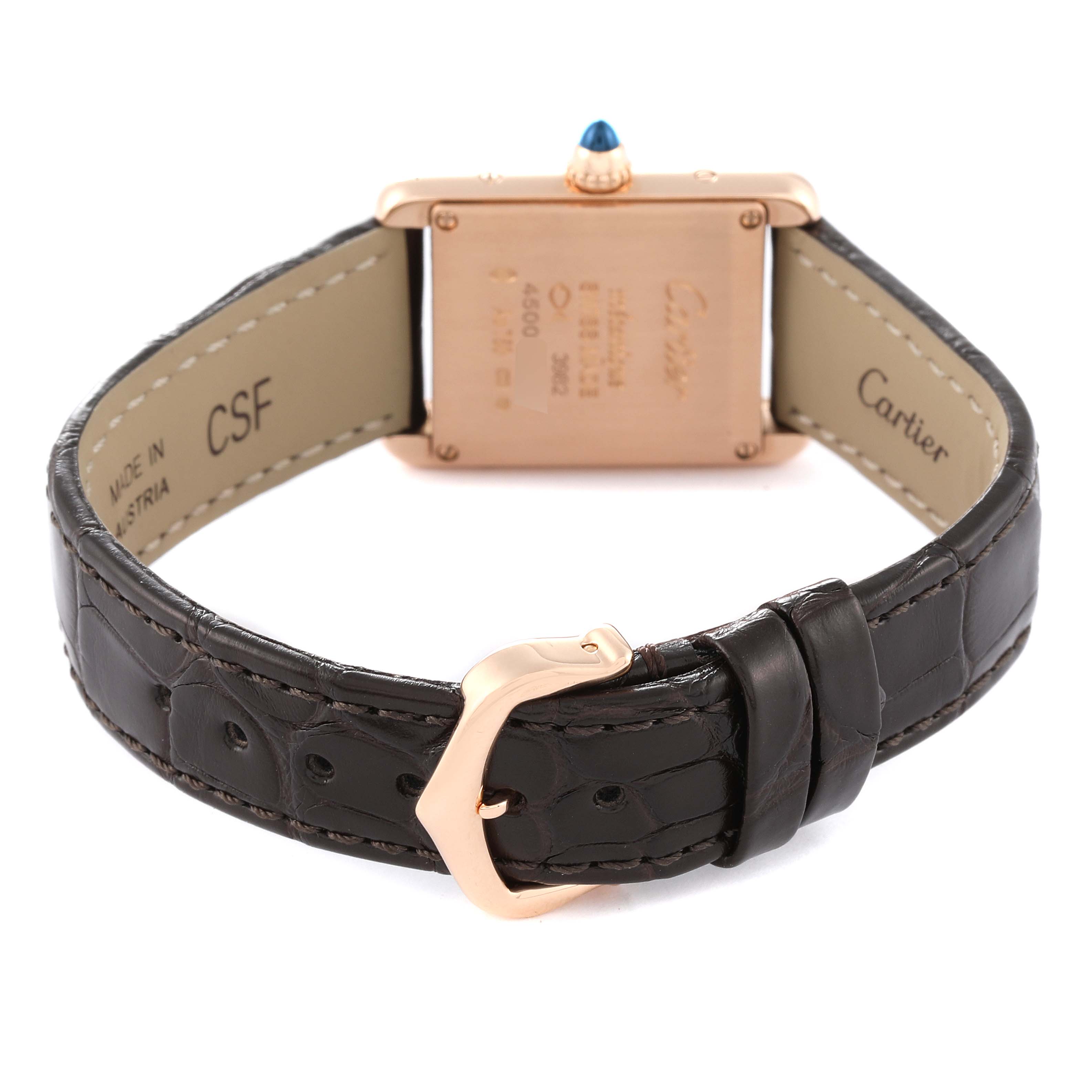 The image shows the back of the Cartier Tank Louis WGTA0010 Women's Rose Gold Silver Dial WGTA0010 Women's Rose Gold Silver Dial watch including its strap, buckle, and case back details.