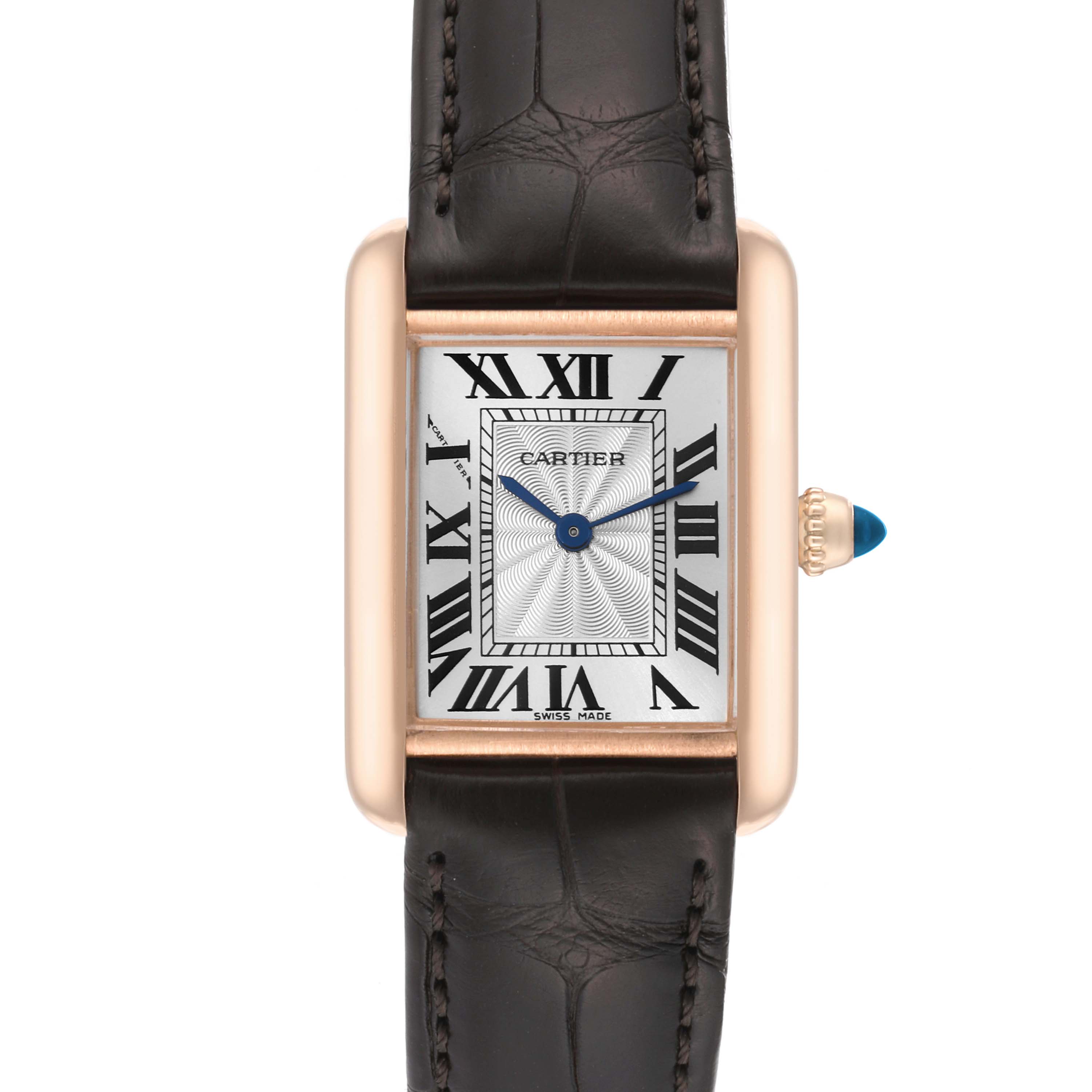 This image shows a front view of the Cartier Tank Louis WGTA0010 Women's Rose Gold Silver Dial WGTA0010 Women's Rose Gold Silver Dial watch, highlighting the face, case, strap, and crown with a blue cabochon.