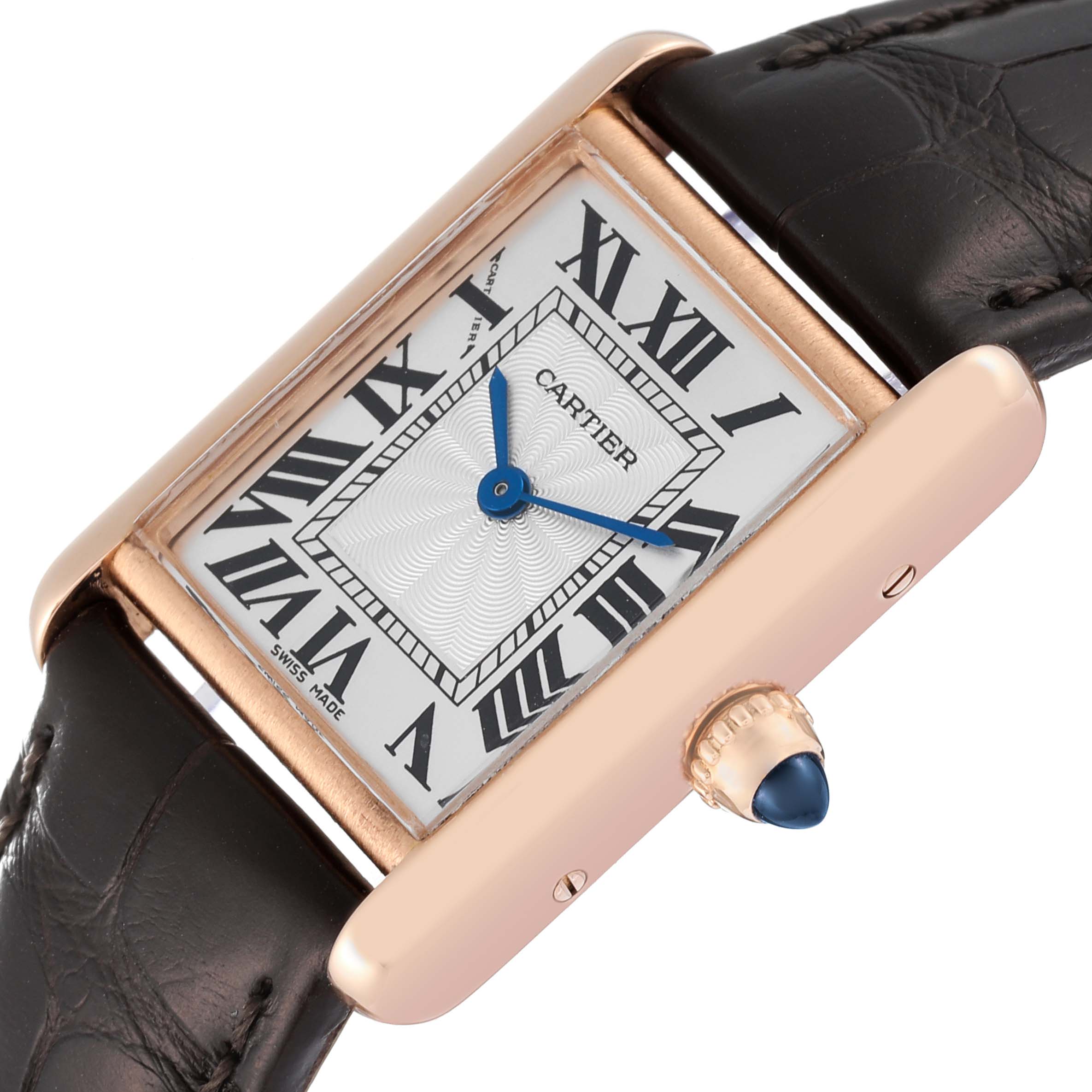 The image shows a close-up angle of the Cartier Tank Louis WGTA0010 Women's Rose Gold Silver Dial WGTA0010 Women's Rose Gold Silver Dial watch, highlighting the dial, bezel, crown, and leather strap.