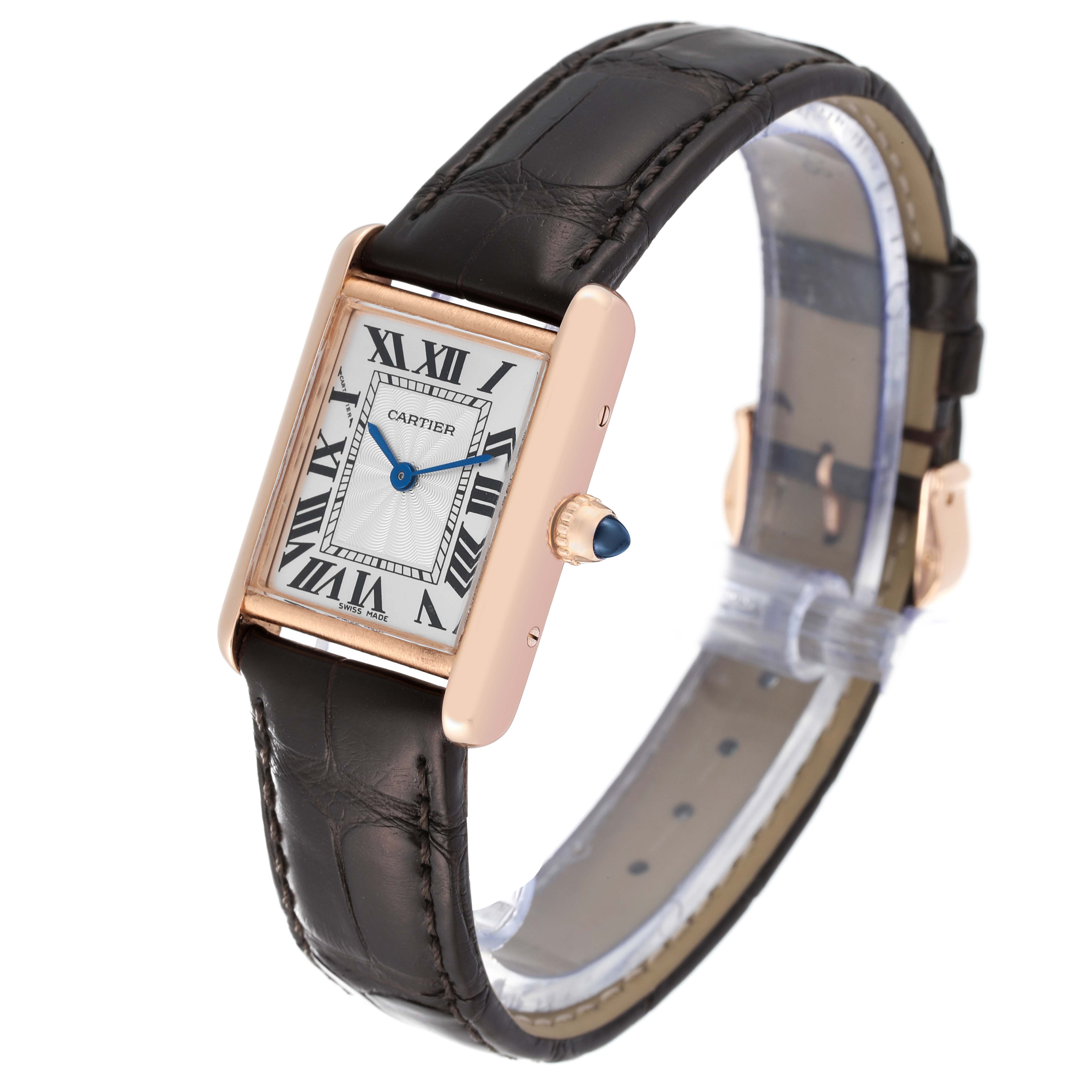 The image shows a Cartier Tank Louis WGTA0010 Women's Rose Gold Silver Dial WGTA0010 Women's Rose Gold Silver Dial model watch, angled to display its face and leather strap.