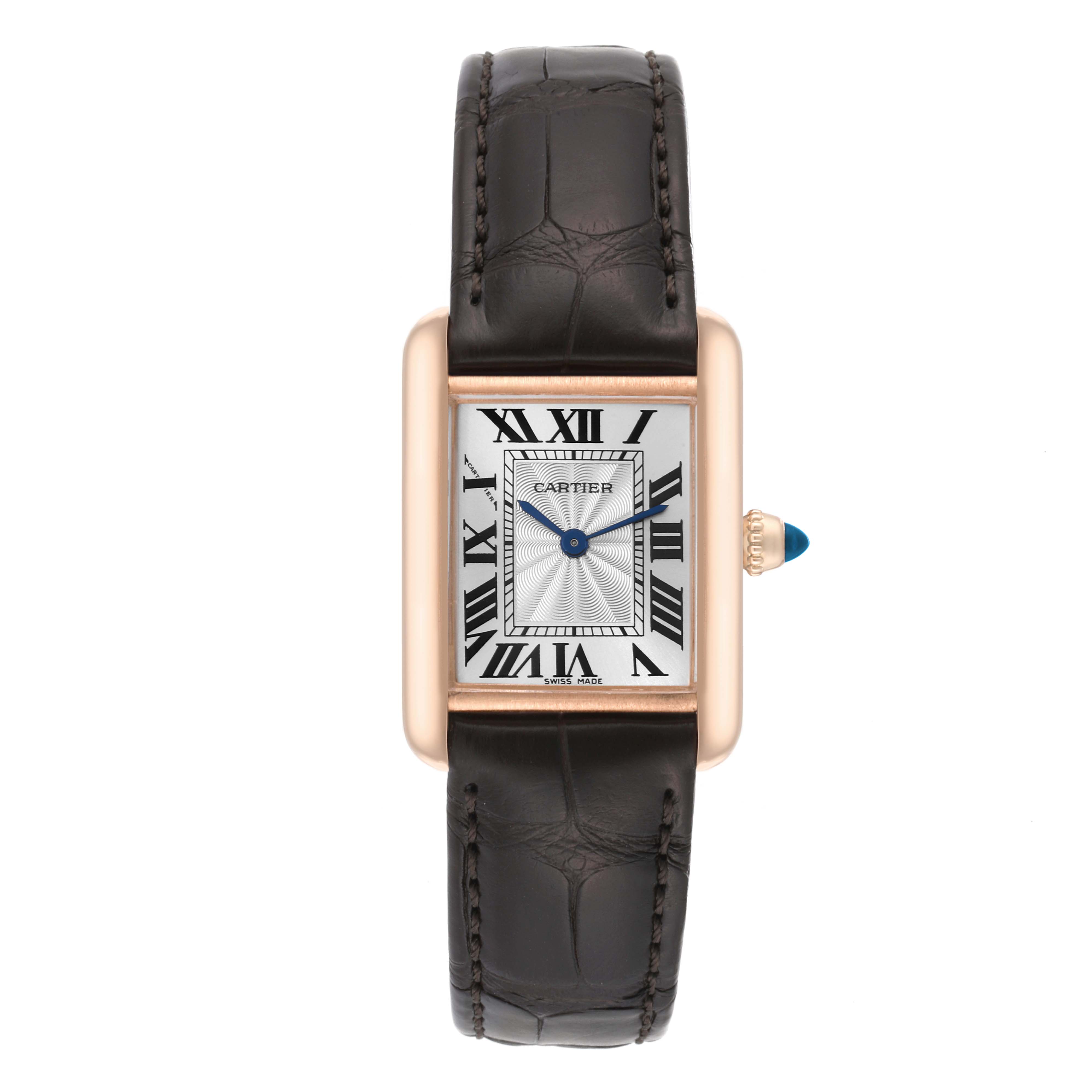 The image shows a front view of the Cartier Tank Louis WGTA0010 Women's Rose Gold Silver Dial WGTA0010 Women's Rose Gold Silver Dial model watch, highlighting the dial, hands, and leather strap.