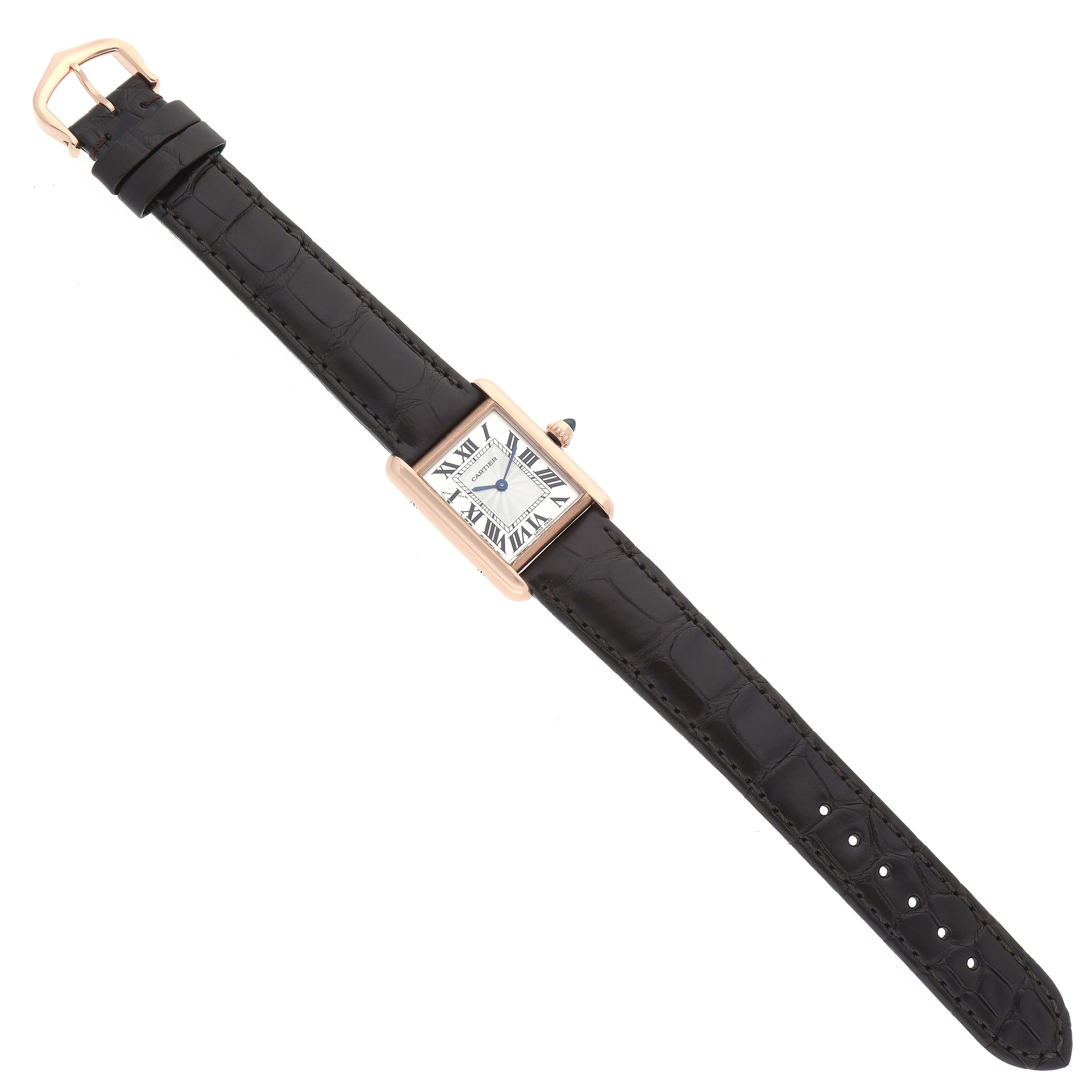 The Cartier Tank Louis WGTA0010 Women's Rose Gold Silver Dial WGTA0010 Women's Rose Gold Silver Dial model watch is shown from a top-down angle, featuring the full face, strap, and buckle.