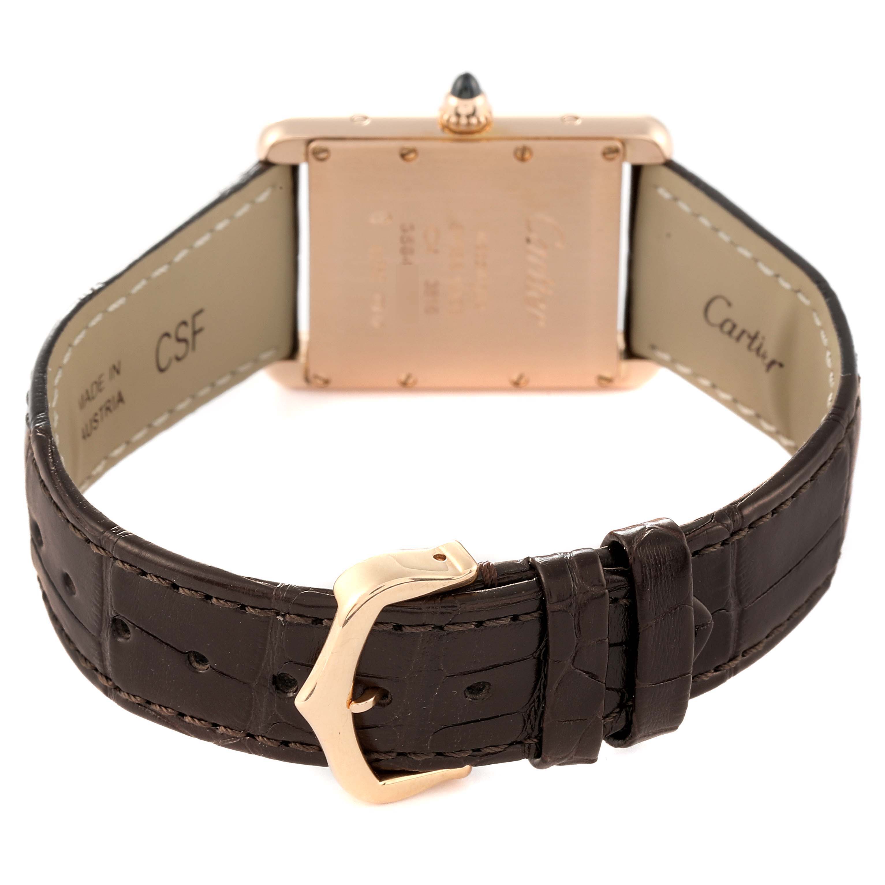 This image shows the back and strap of the Cartier Tank Louis WGTA0011 Men's Rose Gold Silver Dial WGTA0011 Men's Rose Gold Silver Dial model watch, highlighting the buckle and caseback.