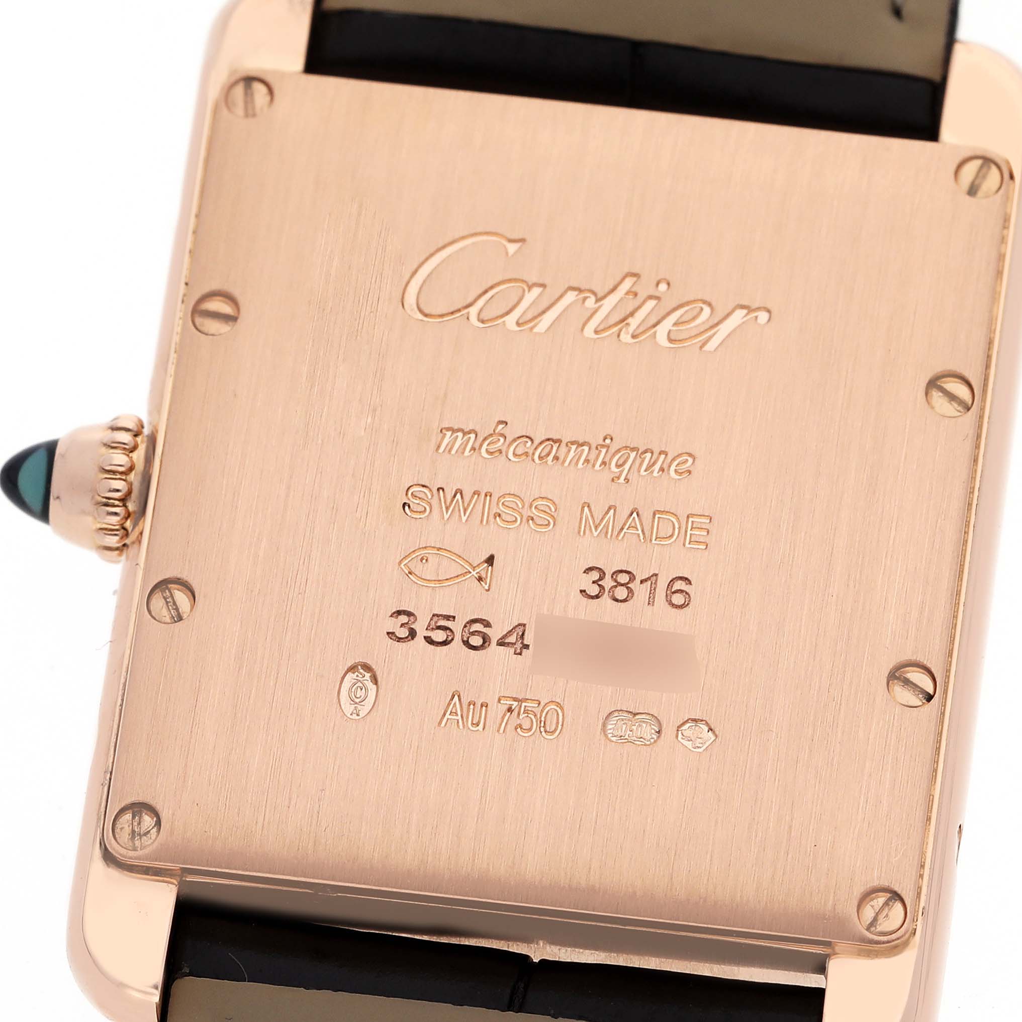 This image shows the back of a Cartier Tank Louis WGTA0011 Men's Rose Gold Silver Dial WGTA0011 Men's Rose Gold Silver Dial watch, highlighting the brand's engraving and detailing on the case.