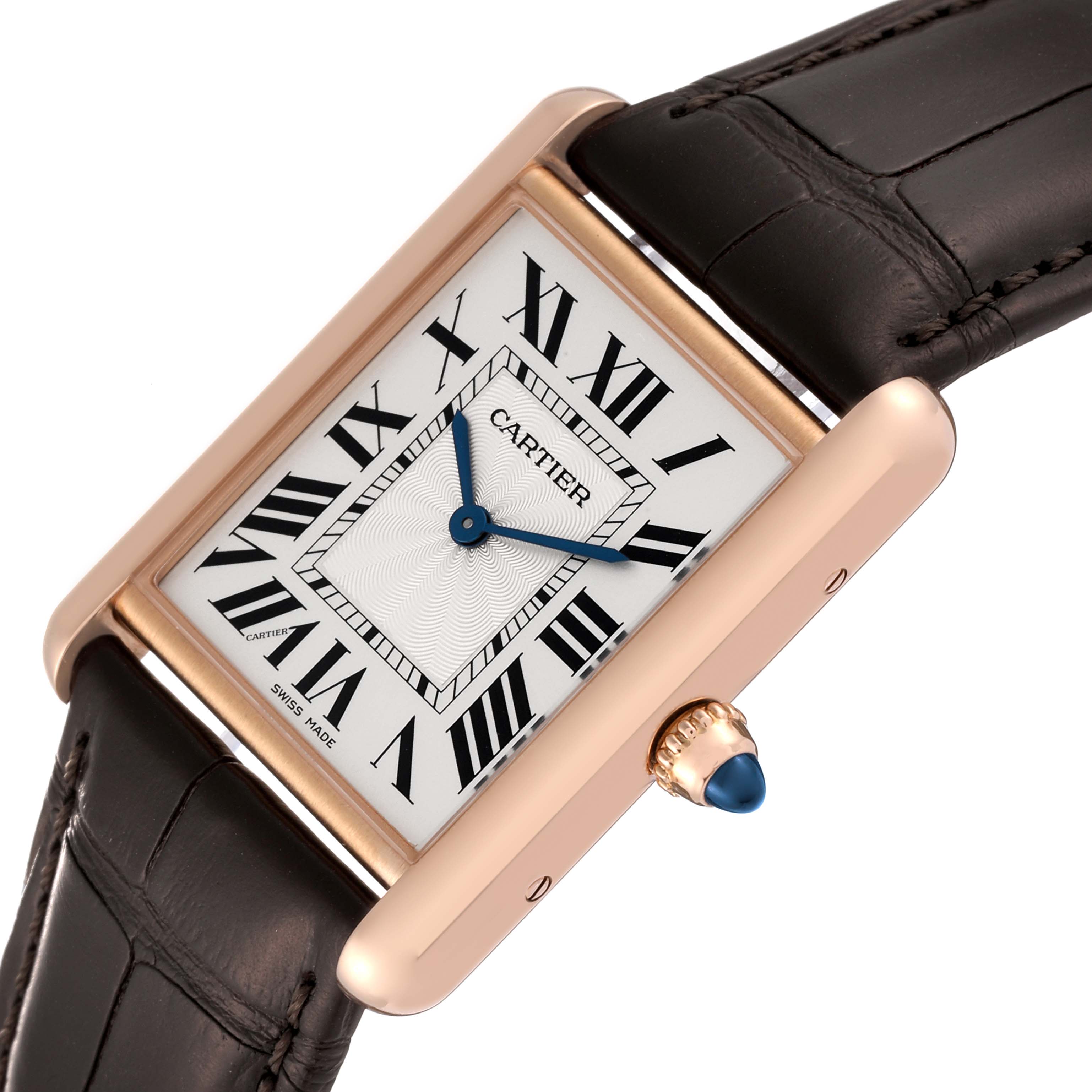 The image displays a Cartier Tank Louis WGTA0011 Men's Rose Gold Silver Dial WGTA0011 Men's Rose Gold Silver Dial watch angled slightly to show the dial, case, crown, and part of the strap.