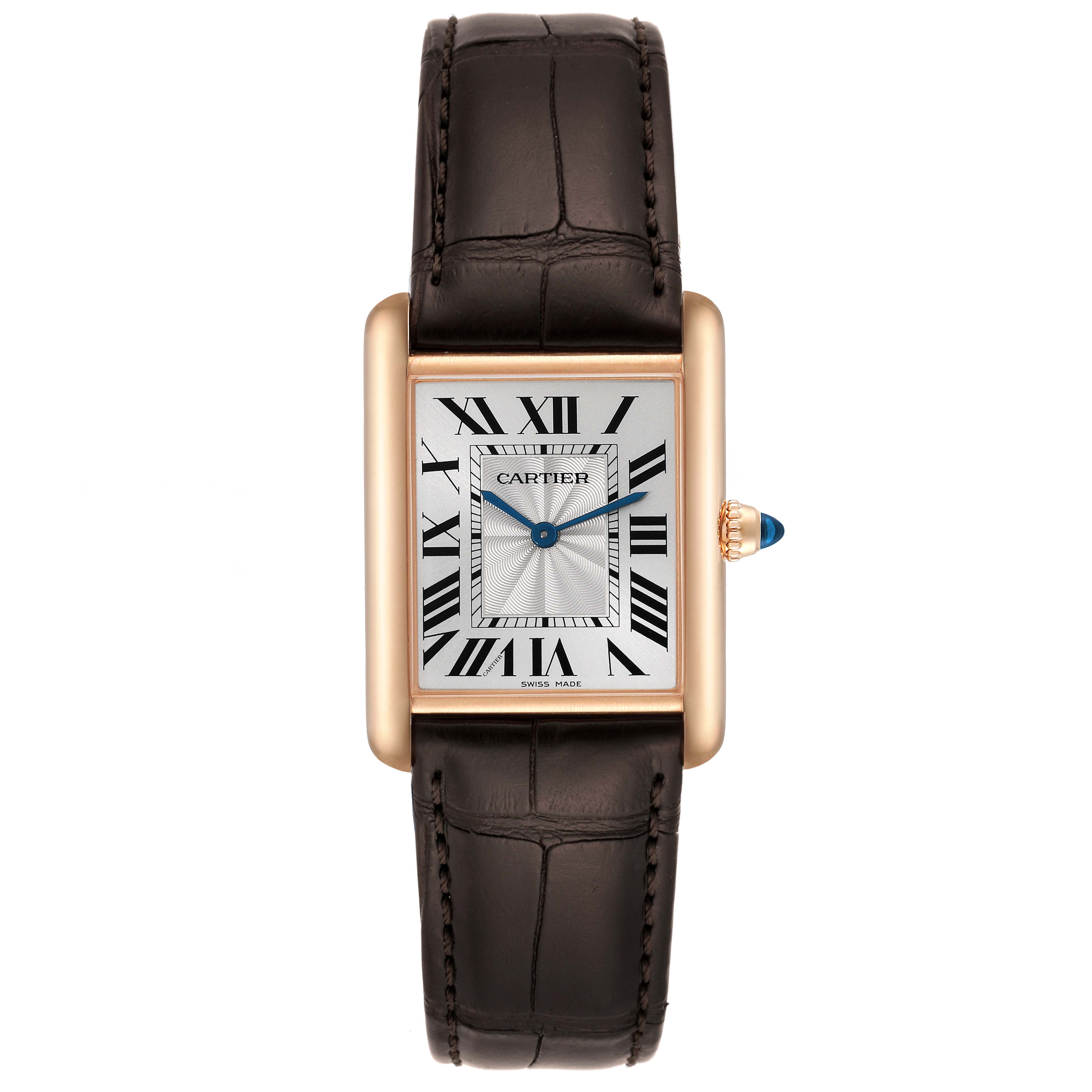 The image shows a front view of the Cartier Tank Louis WGTA0011 Men's Rose Gold Silver Dial WGTA0011 Men's Rose Gold Silver Dial watch, highlighting its face, brown leather strap, and side crown.