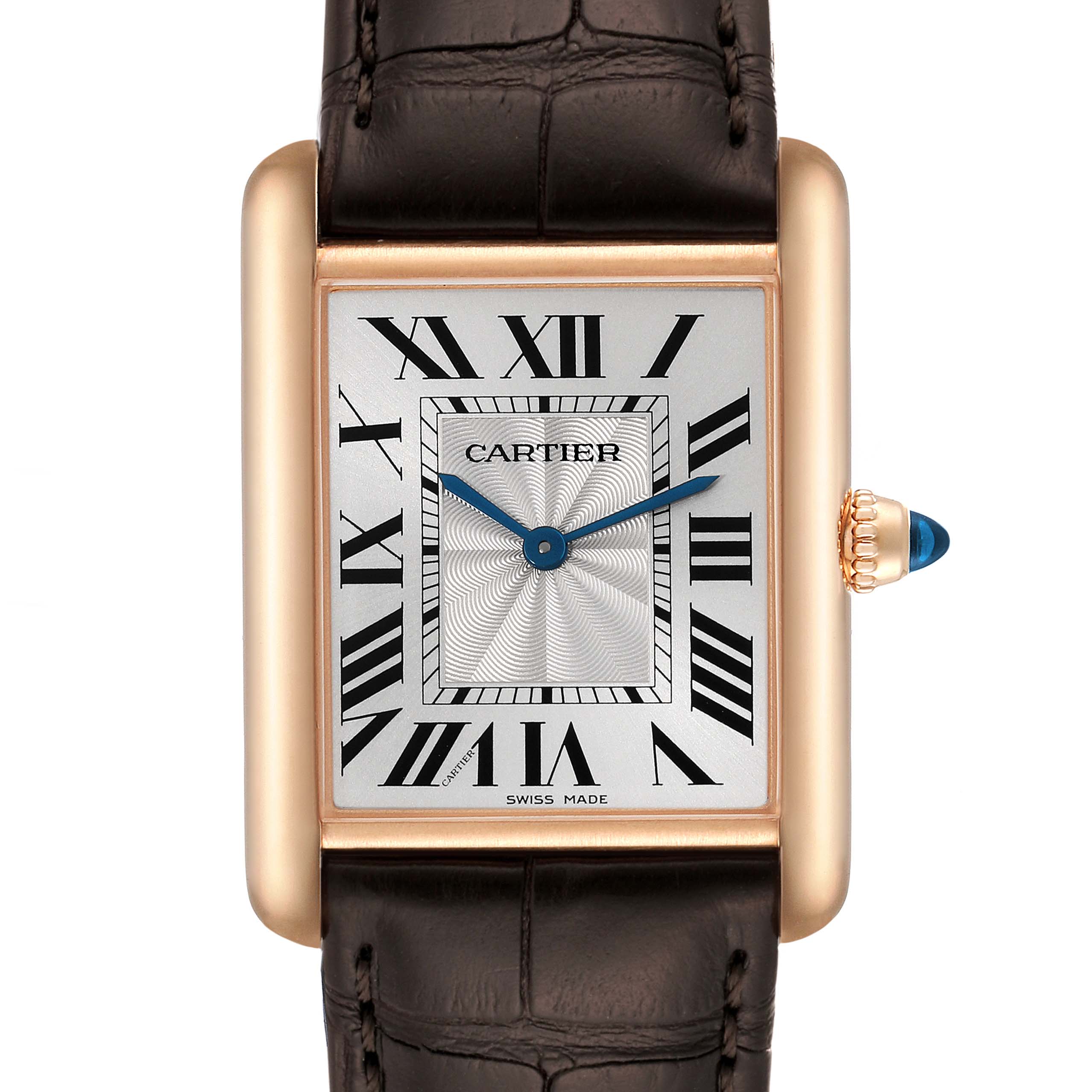 The image shows a front view of the Cartier Tank Louis WGTA0011 Men's Rose Gold Silver Dial WGTA0011 Men's Rose Gold Silver Dial watch, featuring its rectangular face, Roman numerals, and leather strap.