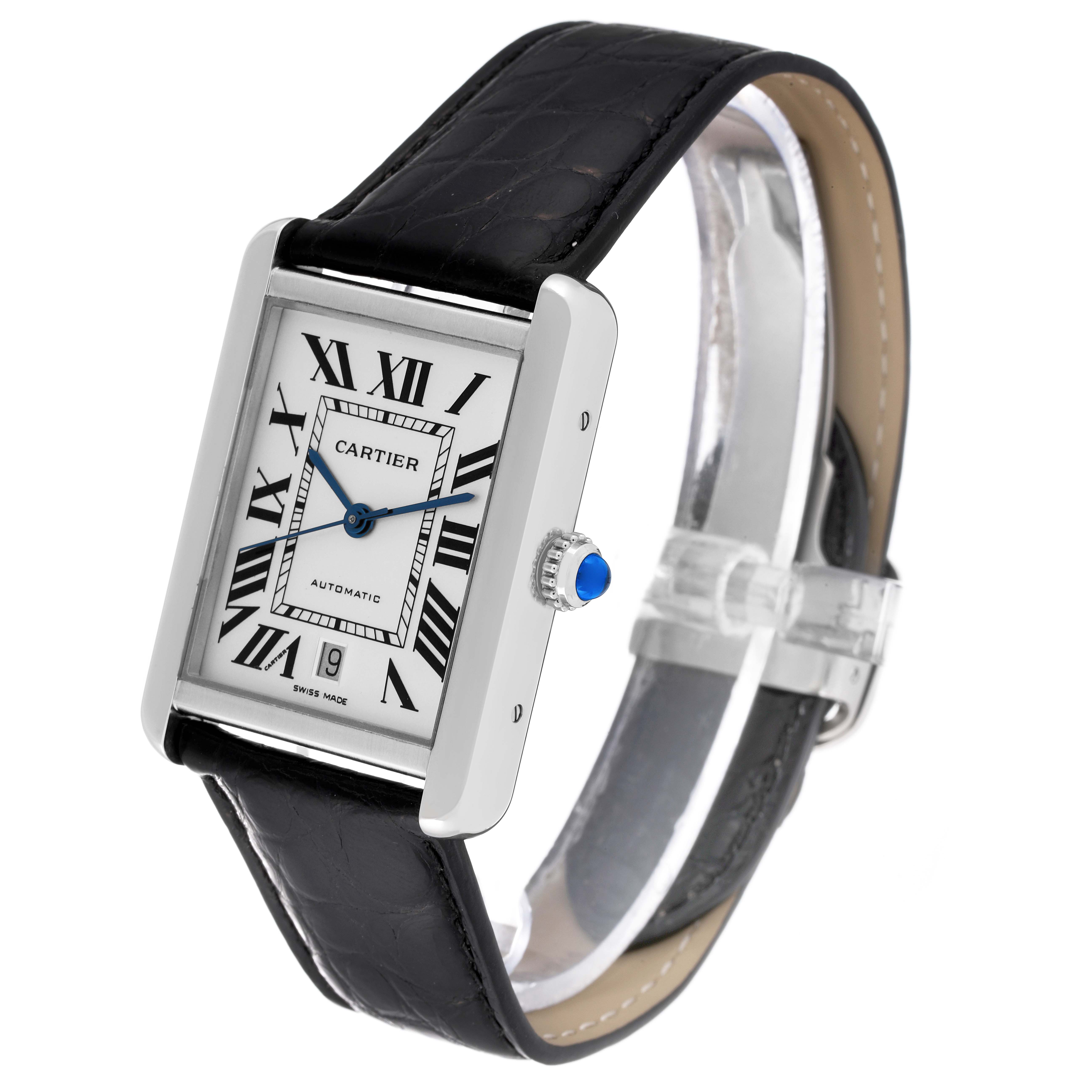The Cartier Tank Solo W5200027 Men
s Stainless Steel Silver Dial W5200027 Men
s Stainless Steel Silver Dial watch is shown at a front angled view, highlighting its rectangular face, Roman numerals, and black leather strap.