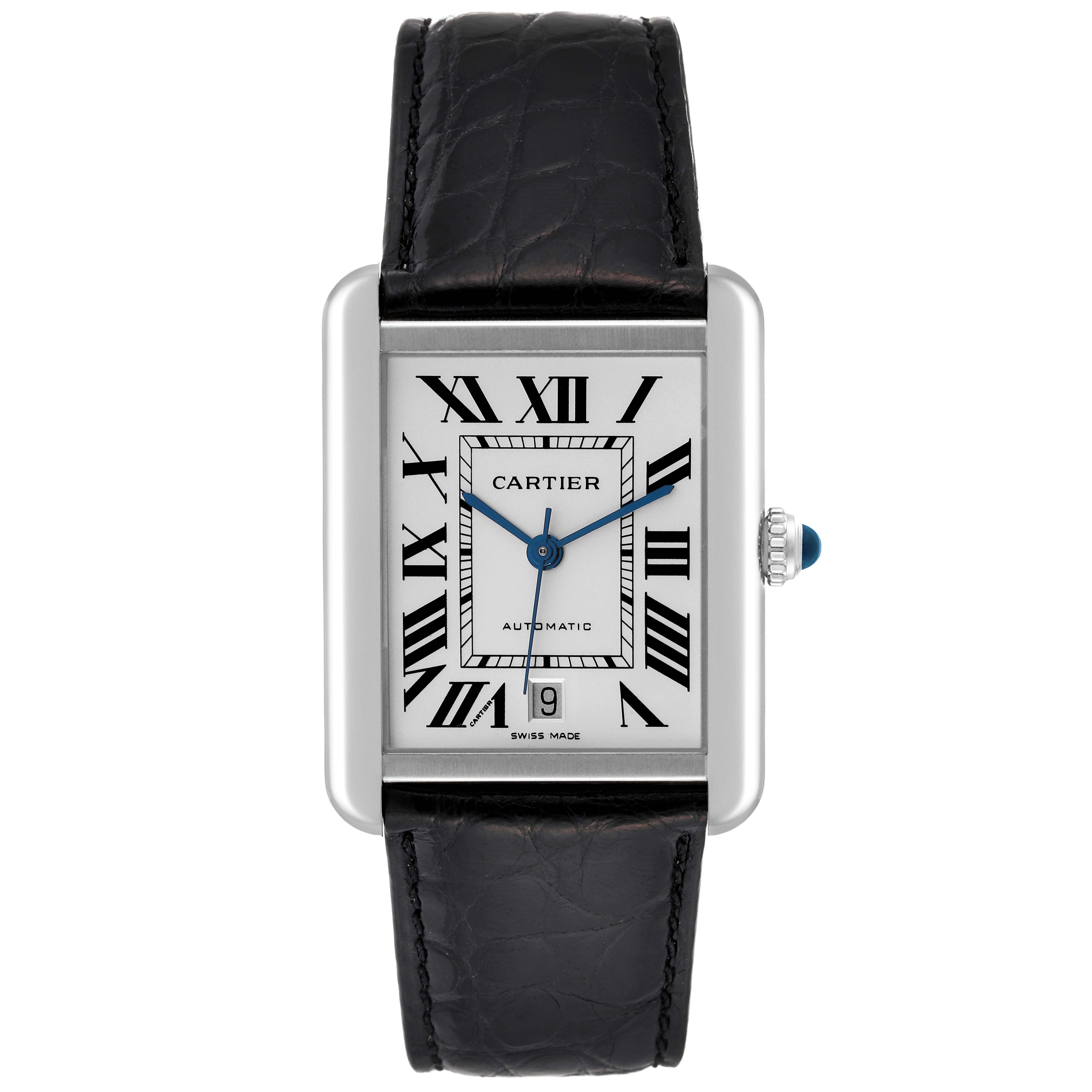 The image shows a front view of the Cartier Tank Solo W5200027 Men
s Stainless Steel Silver Dial W5200027 Men
s Stainless Steel Silver Dial watch, highlighting its rectangular face, Roman numerals, and leather strap.