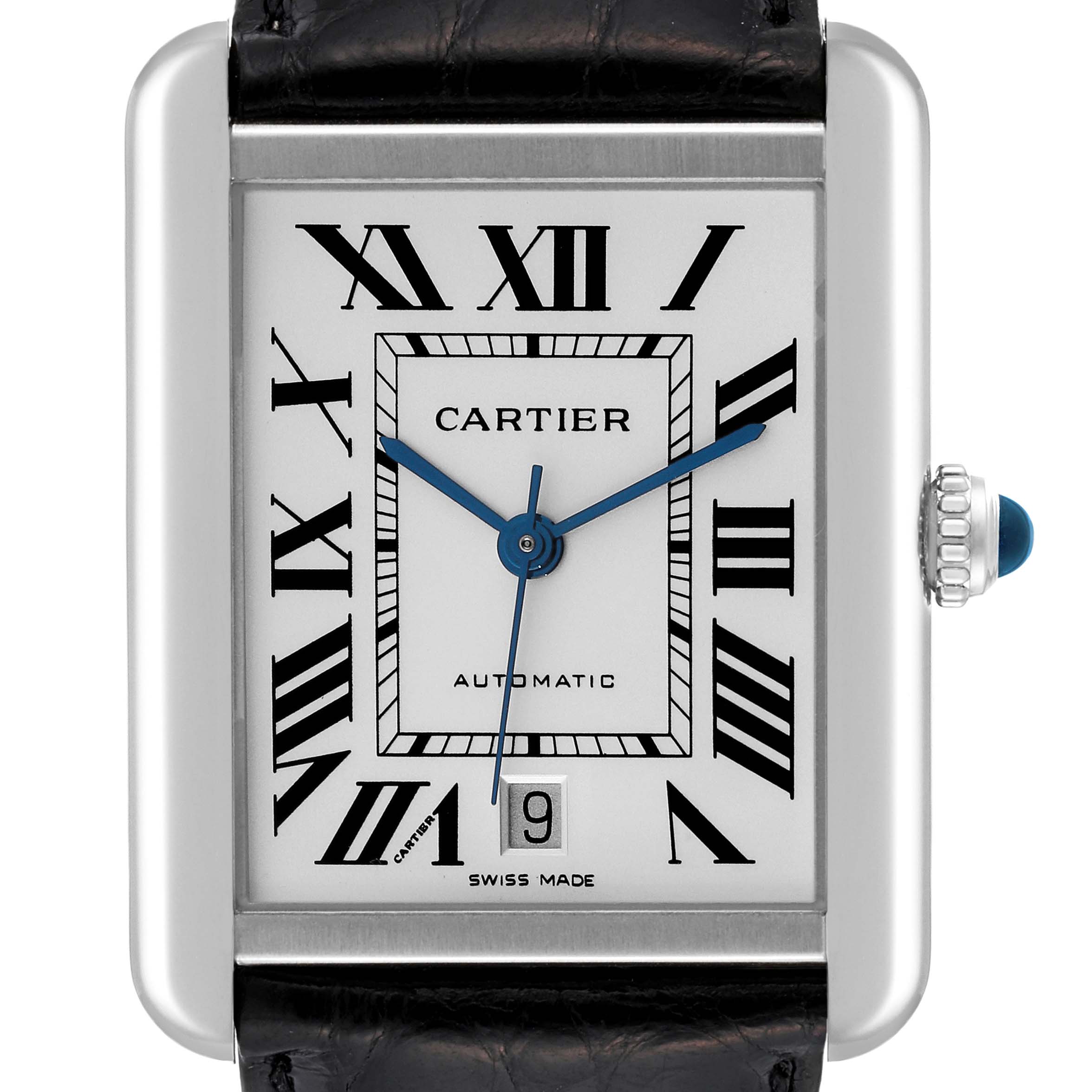 Front view of the Cartier Tank Solo W5200027 Men
s Stainless Steel Silver Dial W5200027 Men
s Stainless Steel Silver Dial watch, showing the dial, Roman numerals, hands, date display, and crown with a blue gemstone.