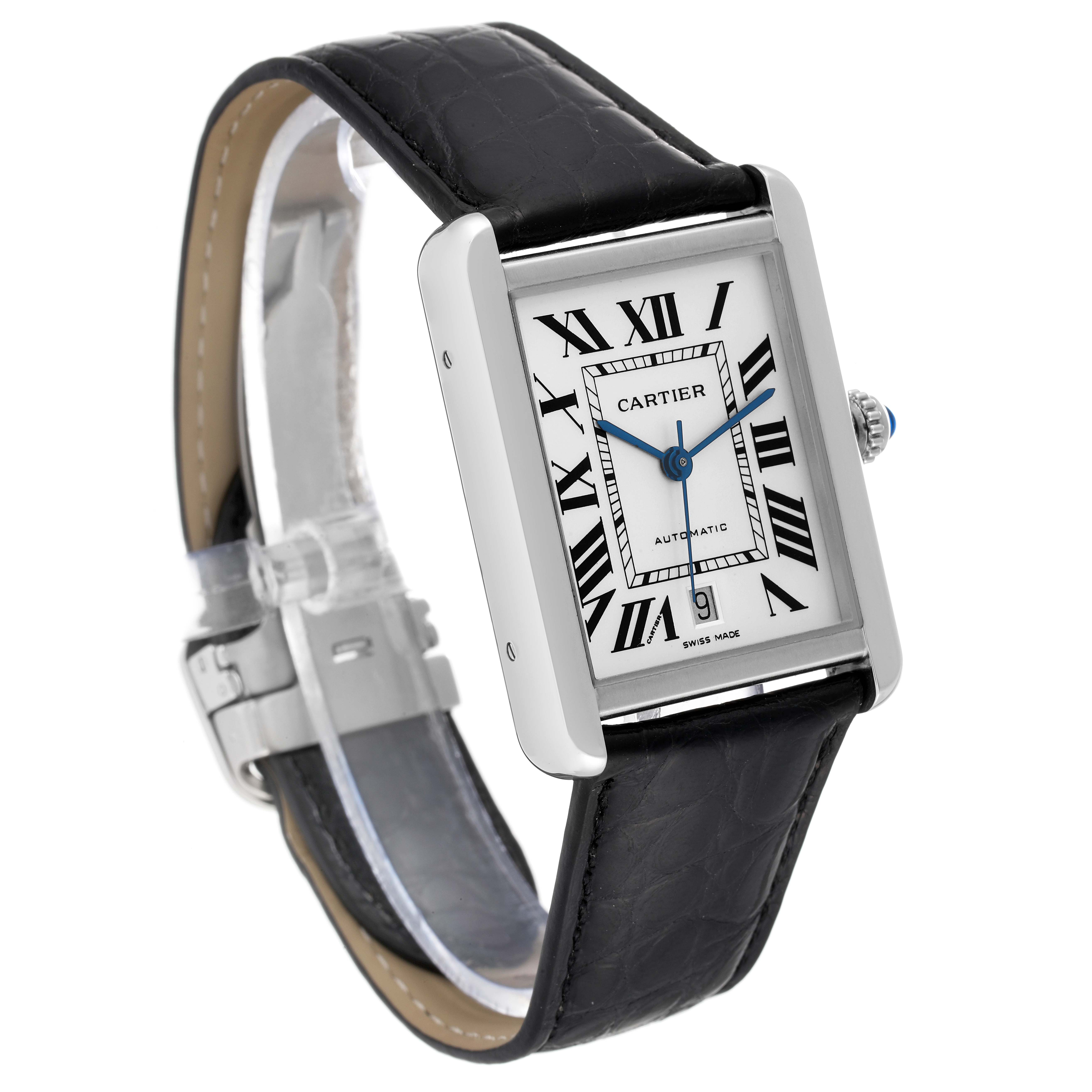 The Cartier Tank Solo W5200027 Men
s Stainless Steel Silver Dial W5200027 Men
s Stainless Steel Silver Dial watch is angled slightly to the right, showing its face, buckle, and black leather strap.