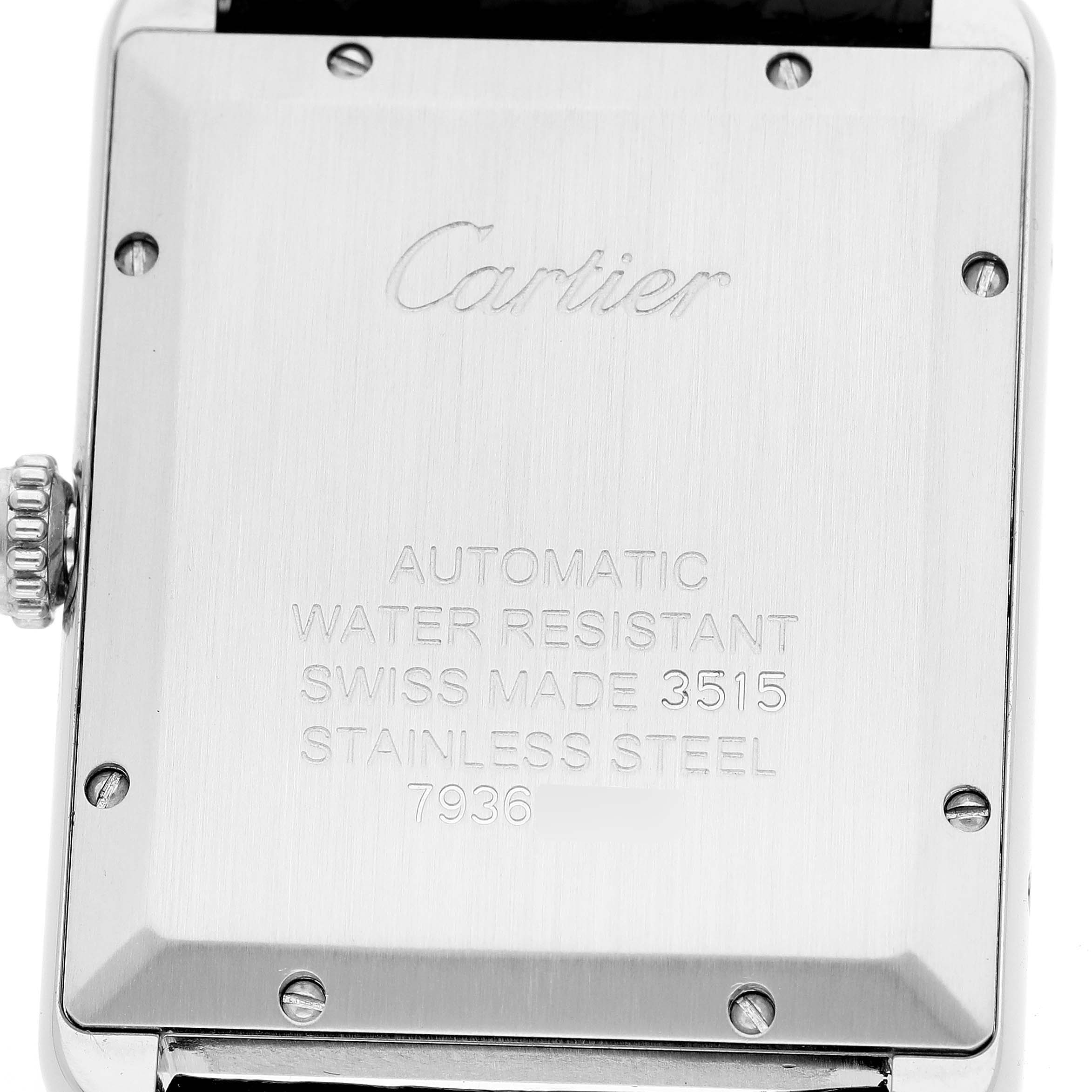 This image shows the back case of a Cartier Tank Solo W5200027 Men
s Stainless Steel Silver Dial W5200027 Men
s Stainless Steel Silver Dial watch, displaying engravings with specifications and branding.