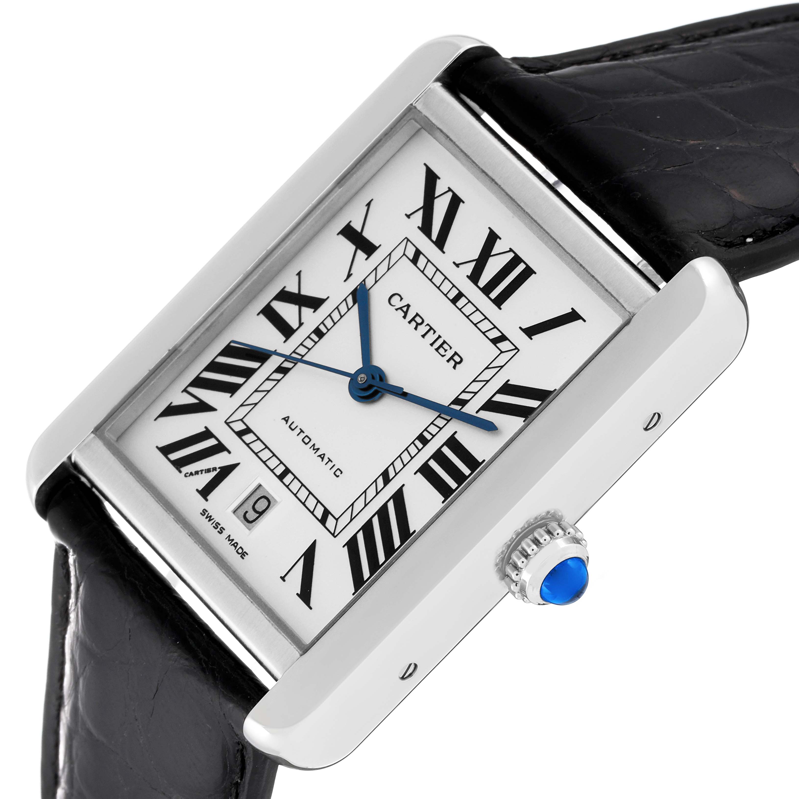 This image shows a close-up of the Cartier Tank Solo W5200027 Men
s Stainless Steel Silver Dial W5200027 Men
s Stainless Steel Silver Dial watch
s face, crown, and black leather strap, angled slightly to the side.