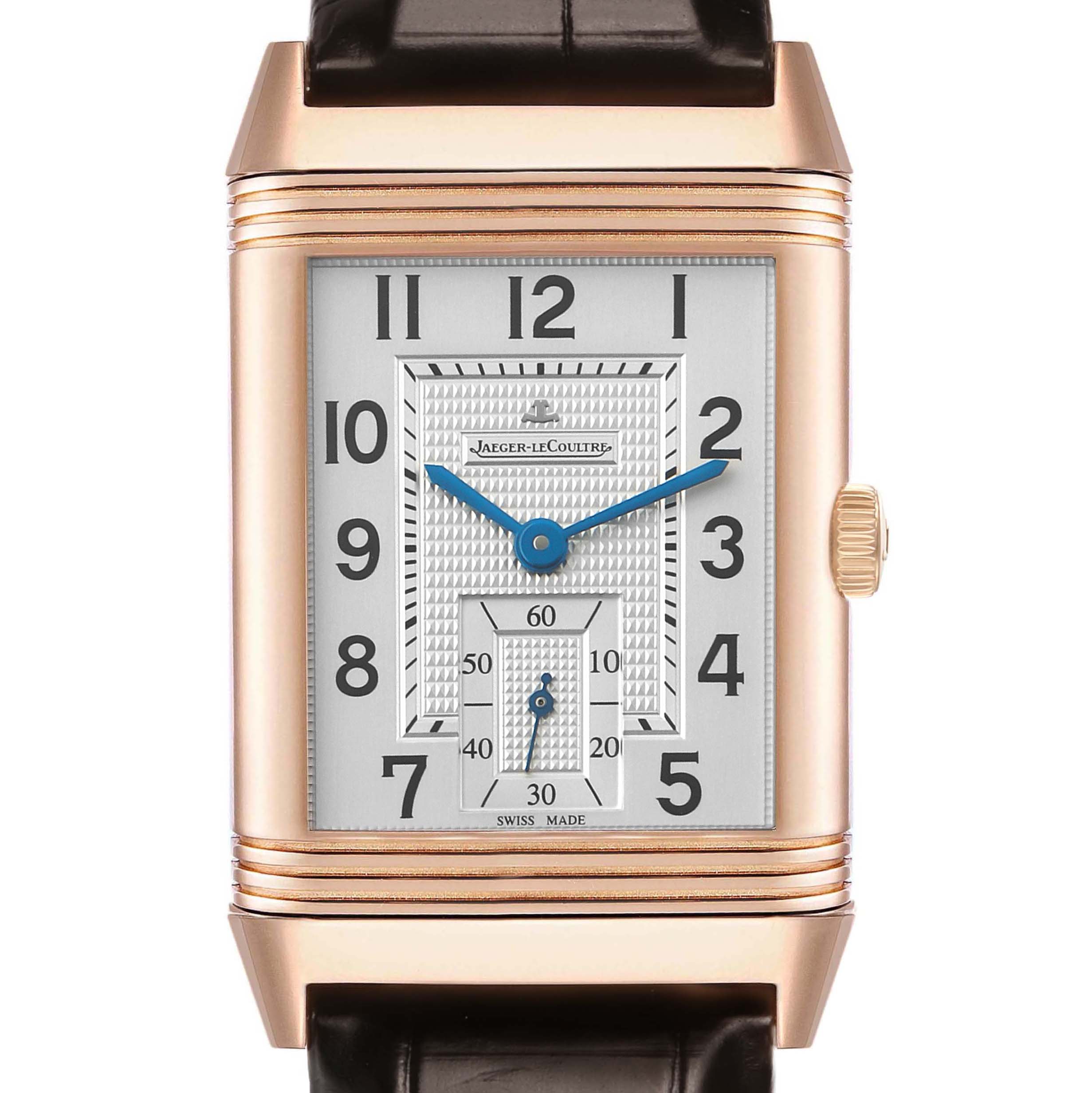 The image shows a front view of the Jaeger-LeCoultre Reverso watch, highlighting the dial, hands, and case.