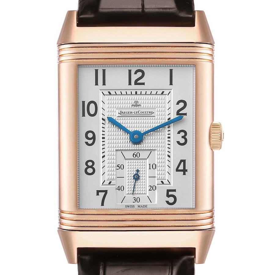 The image shows a front view of the Jaeger-LeCoultre Reverso watch, highlighting the dial, hands, and case.