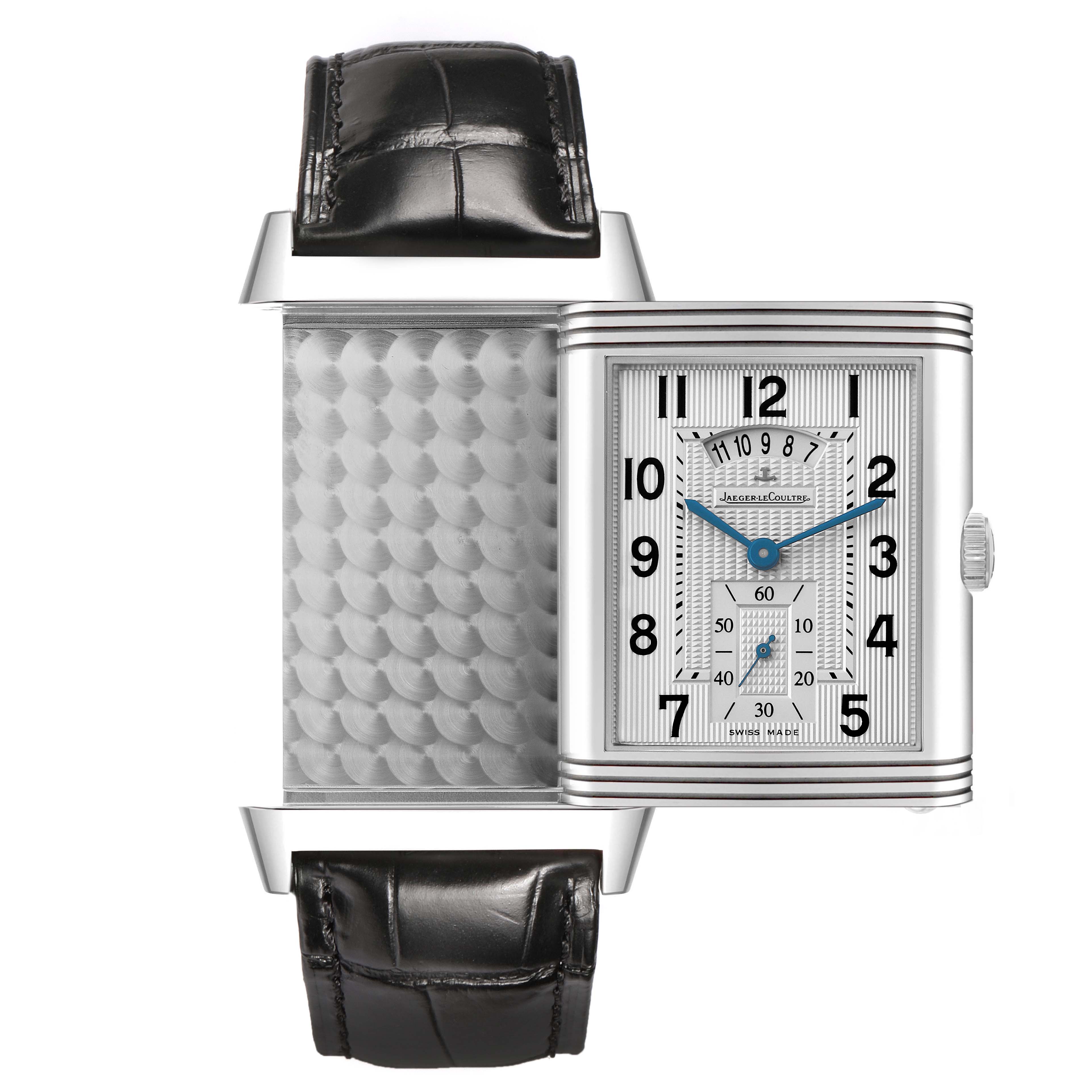 The Jaeger LeCoultre Reverso Q3748420 Men's Stainless Steel Silver Dial watch is shown in a side view, highlighting its reversible case and intricate dial design.