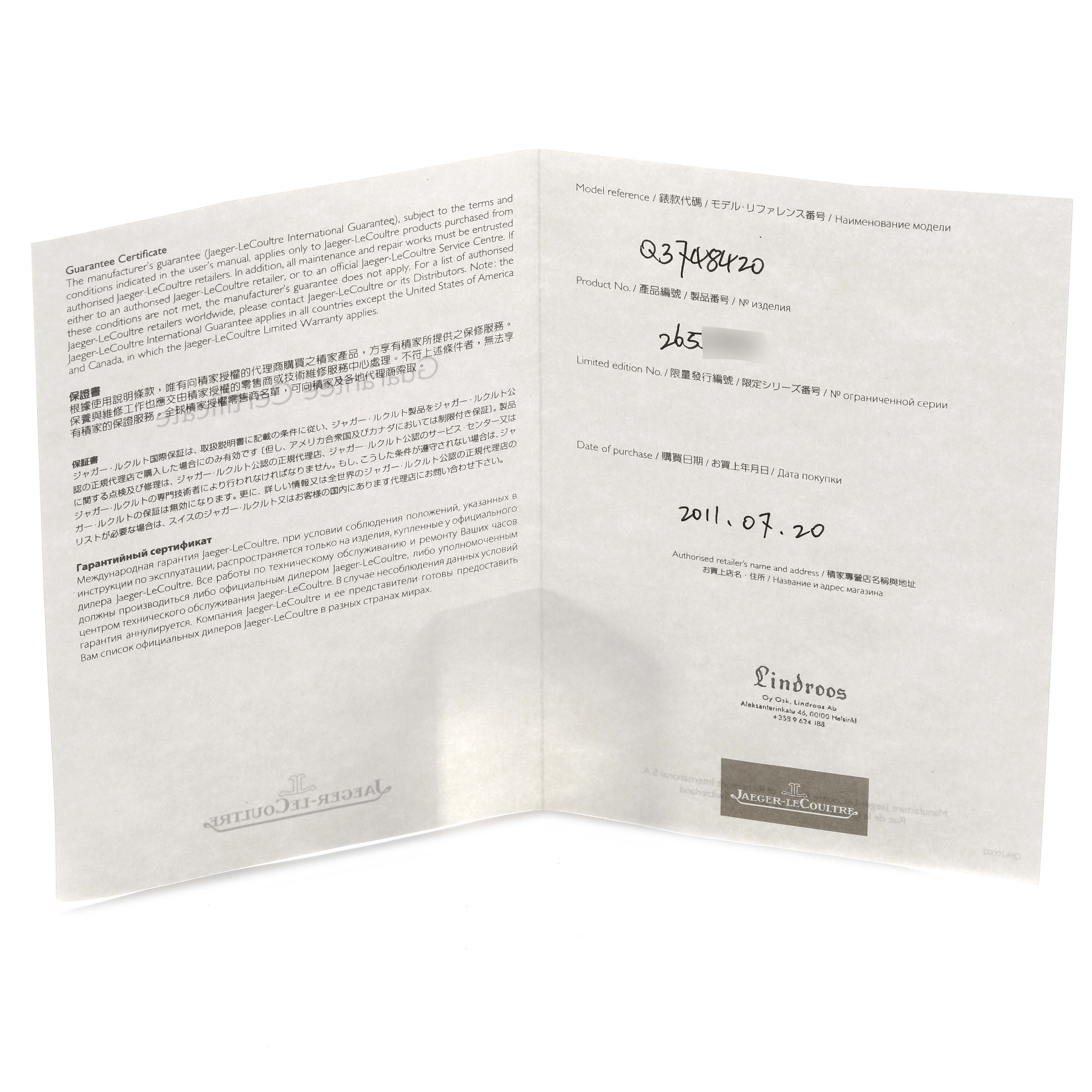 The image shows an open guarantee certificate for a Jaeger LeCoultre Reverso Q3748420 Men's Stainless Steel Silver Dial model, displaying text and details.