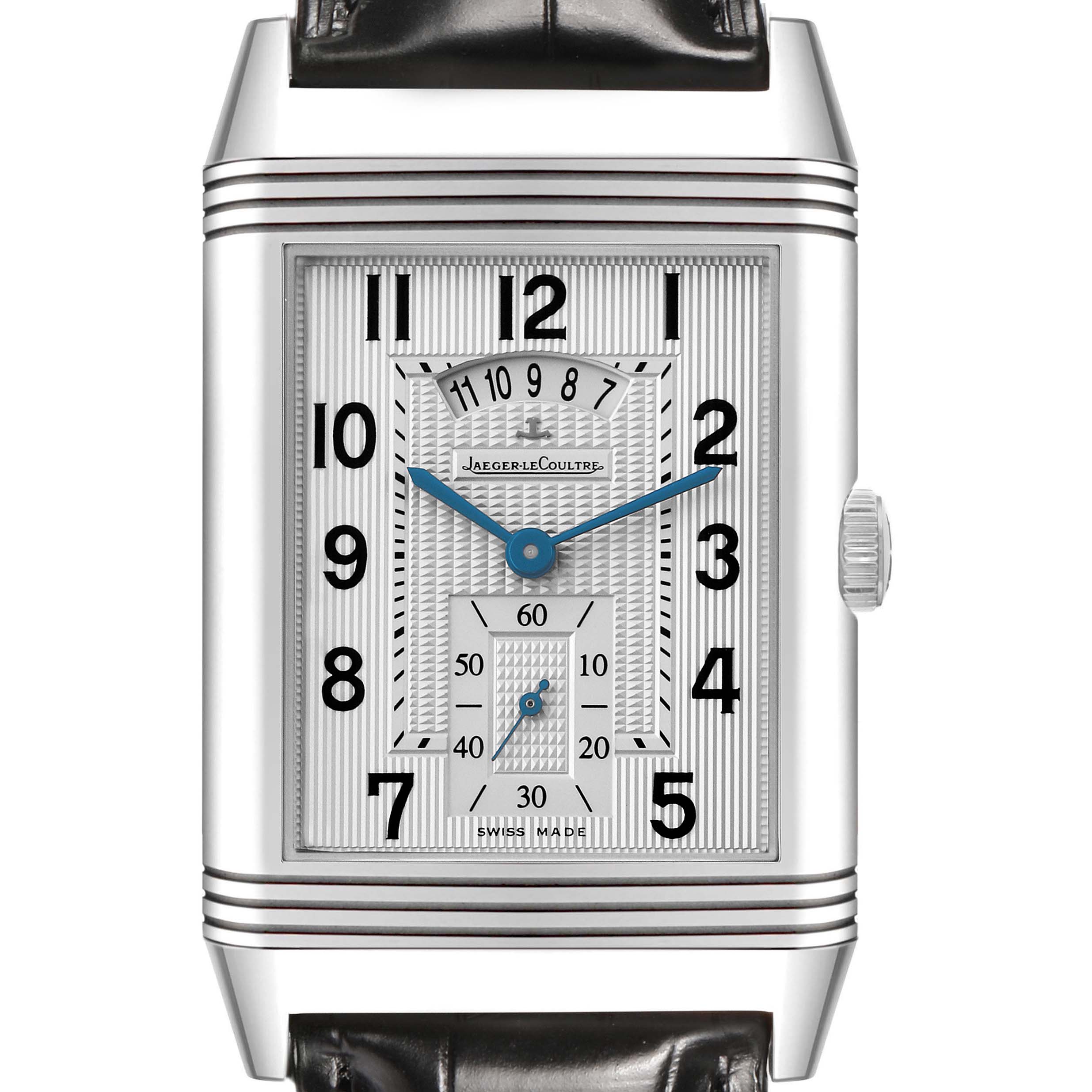 The Jaeger-LeCoultre Reverso watch face is shown front-on, highlighting the dial, hands, crown, and part of the strap.
