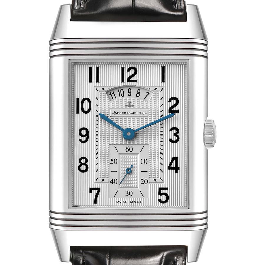 The Jaeger-LeCoultre Reverso watch face is shown front-on, highlighting the dial, hands, crown, and part of the strap.
