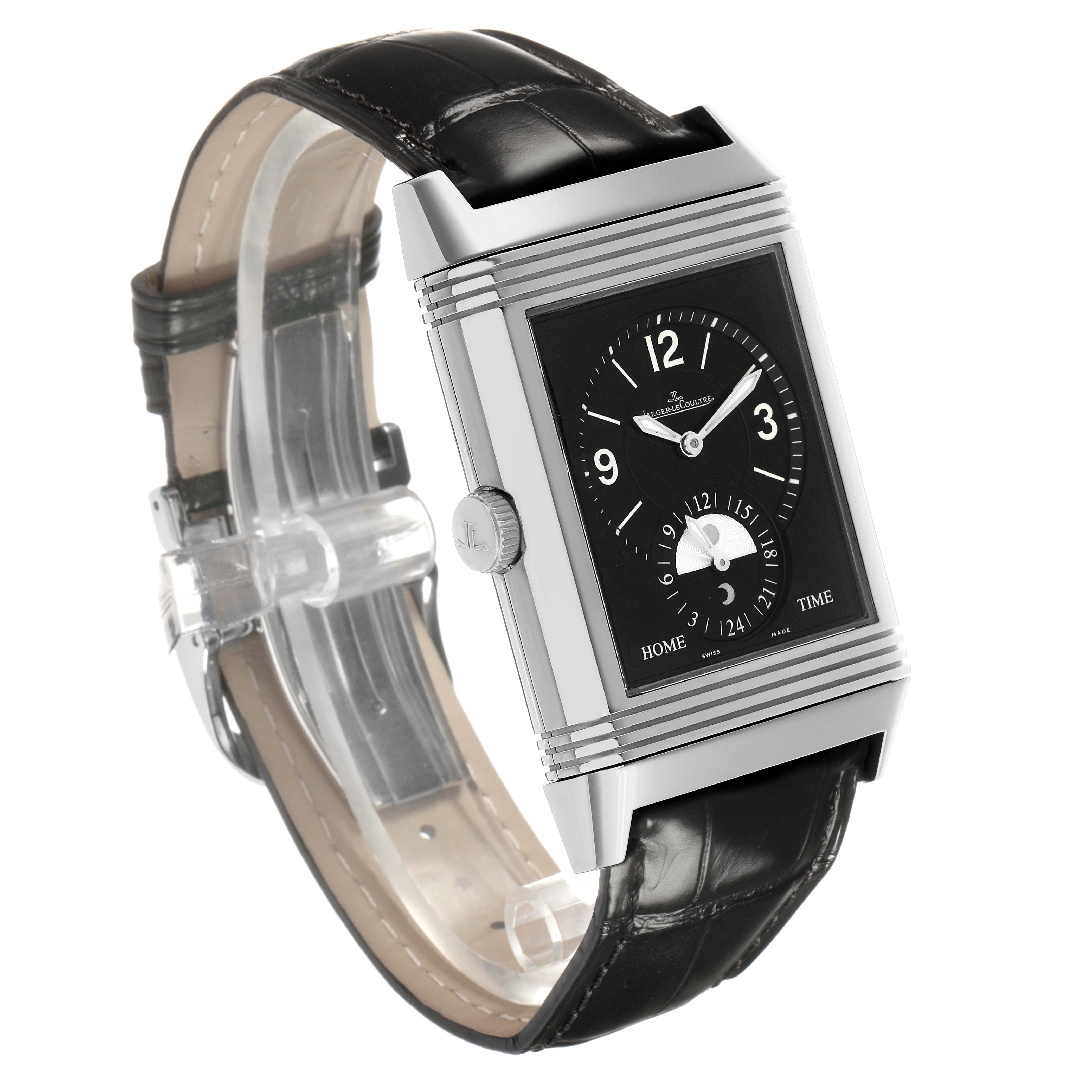 The Jaeger-LeCoultre Reverso is shown at a slight side angle, displaying the case, crown, strap, and dial with visible hour markers.