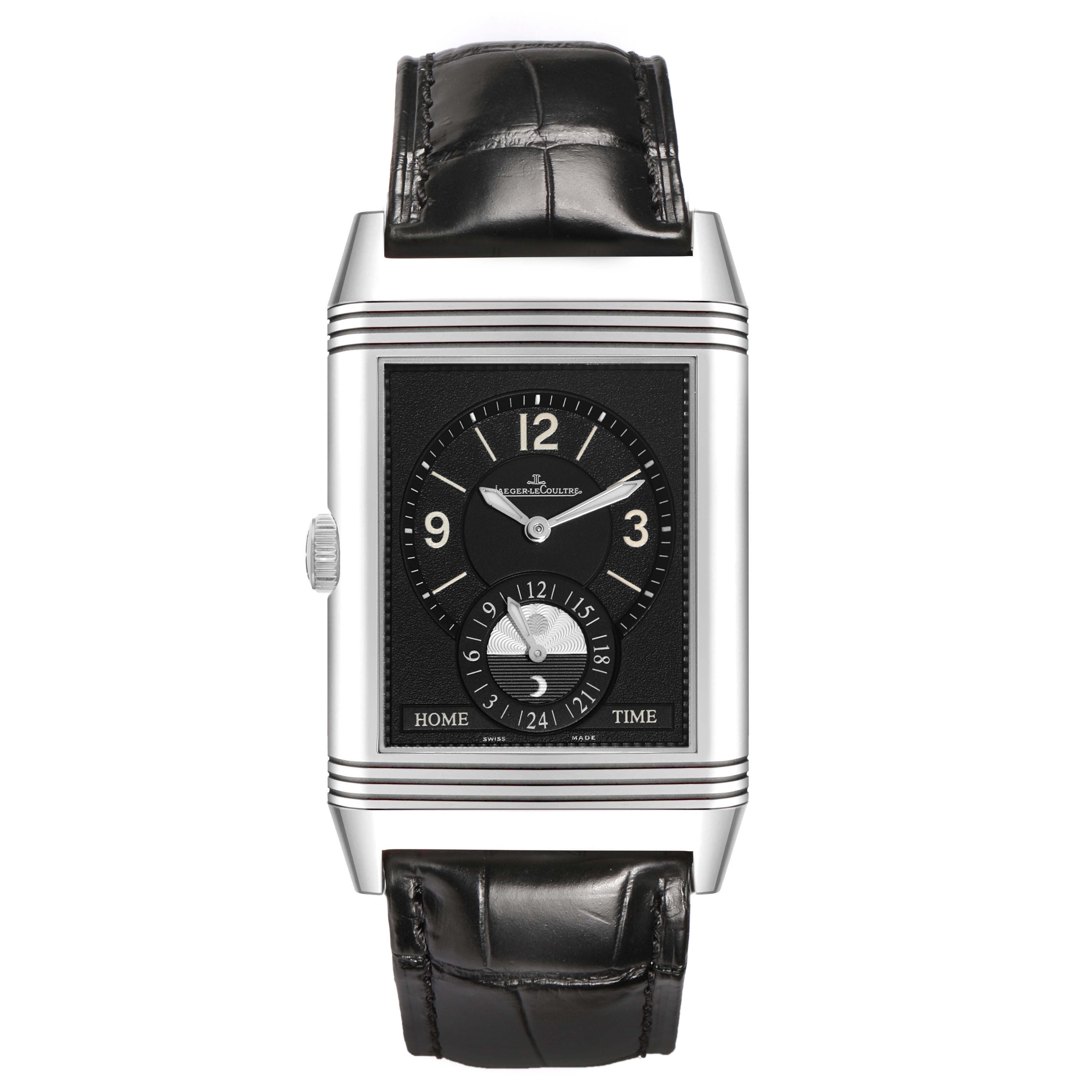 The Jaeger-LeCoultre Reverso model is shown from the front, displaying its rectangular face, dual dials, and black leather strap.