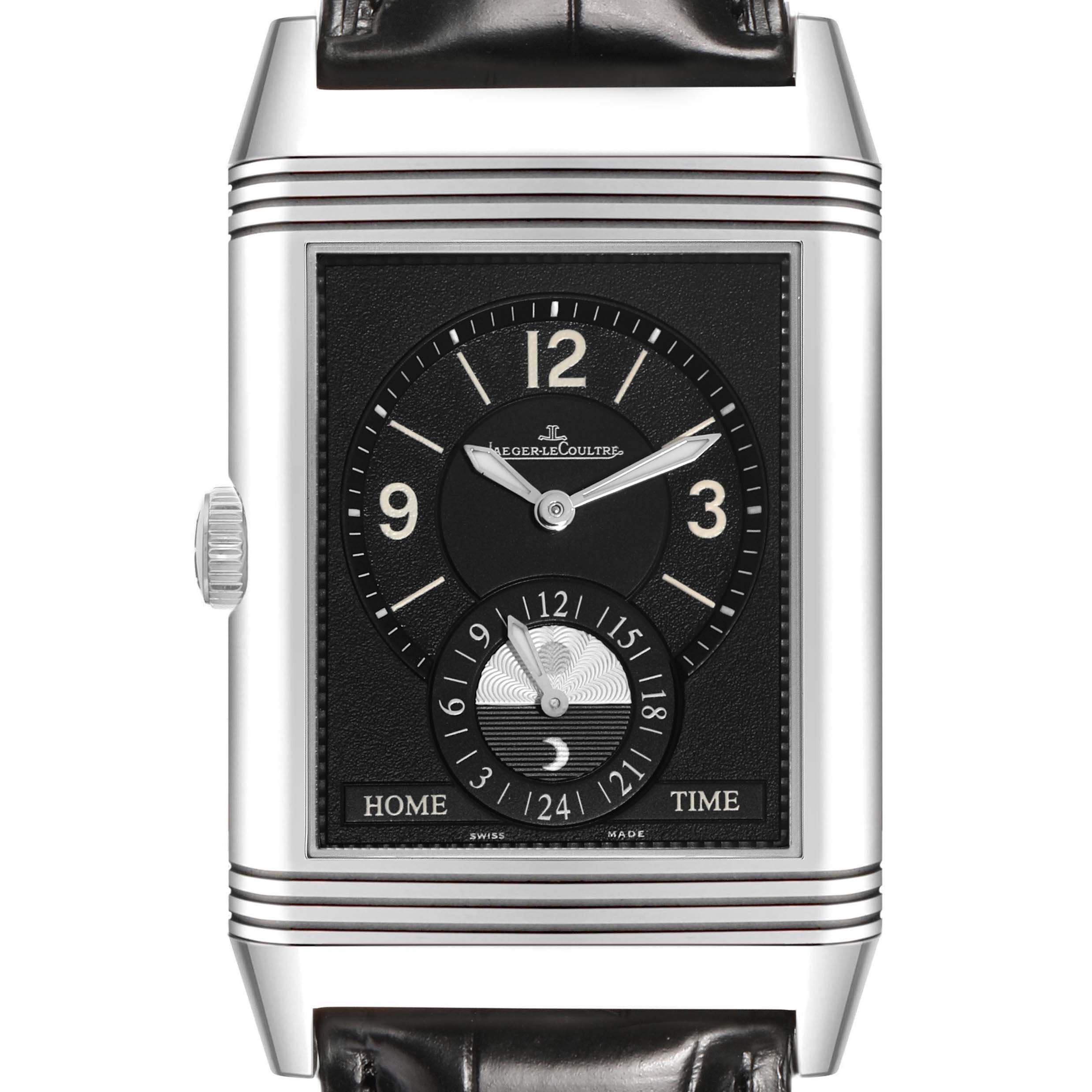 The Jaeger-LeCoultre Reverso watch is shown from the front, displaying the face, dials, and part of the strap.