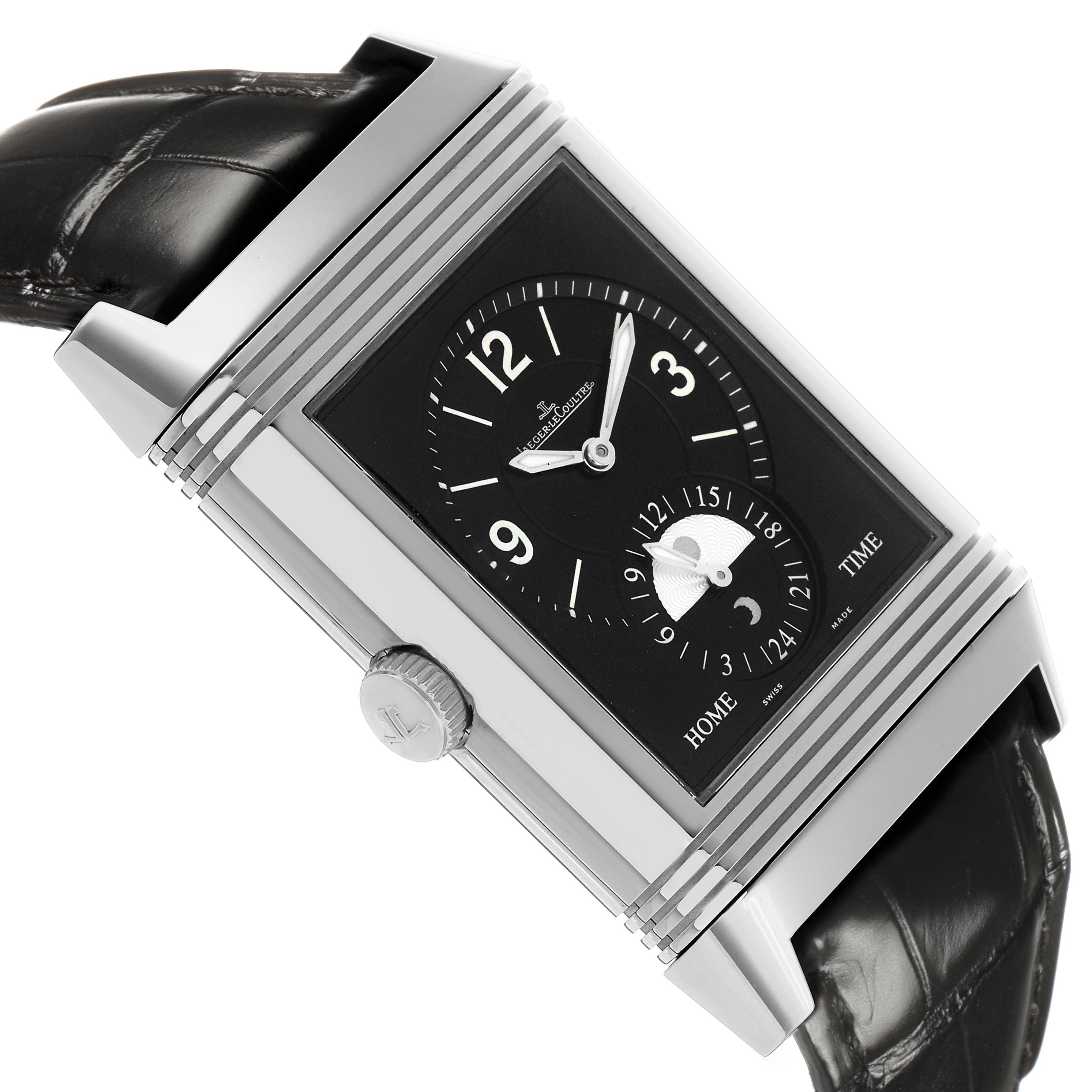The Jaeger-LeCoultre Reverso watch is shown at a tilted angle, displaying the dial, crown, and leather strap.
