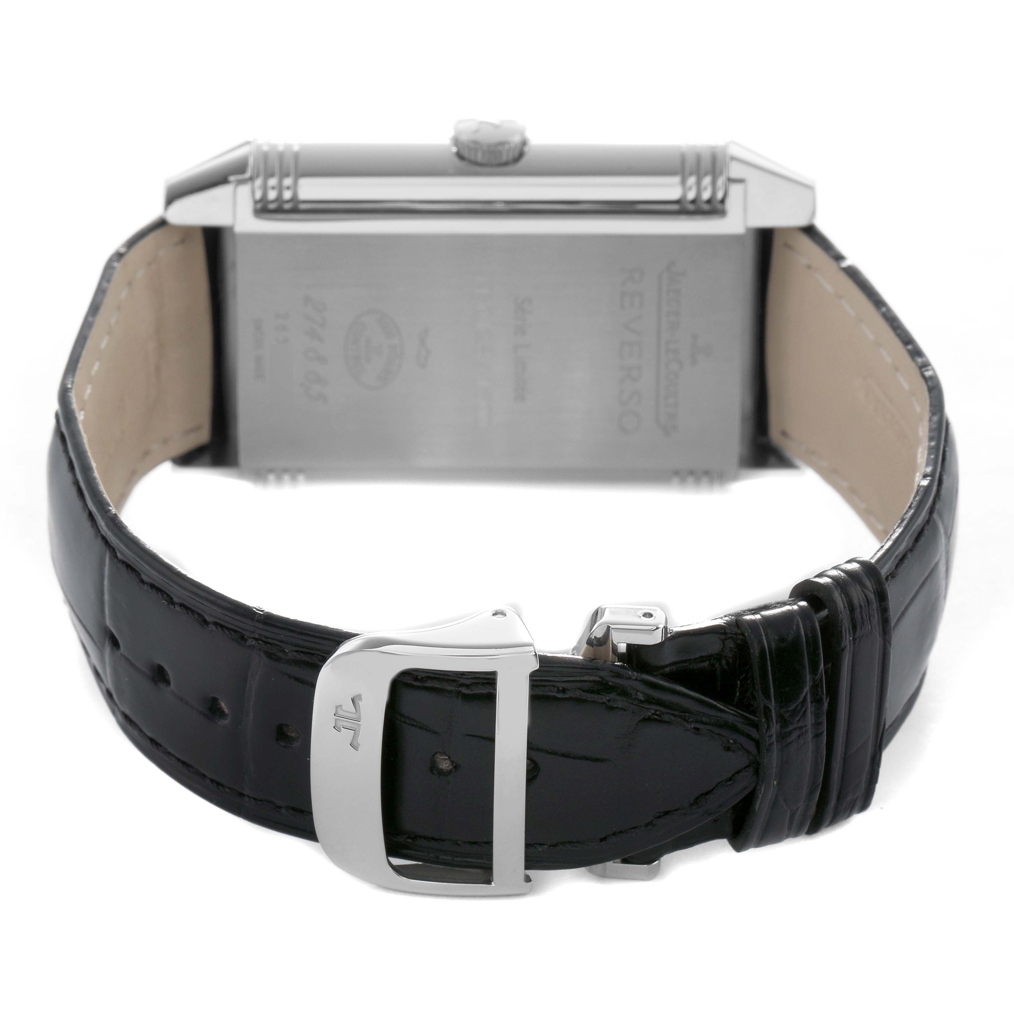 The Jaeger LeCoultre Reverso Q3748420 Men's Stainless Steel Silver Dial is shown from the back, displaying the case back and leather strap with a buckle.