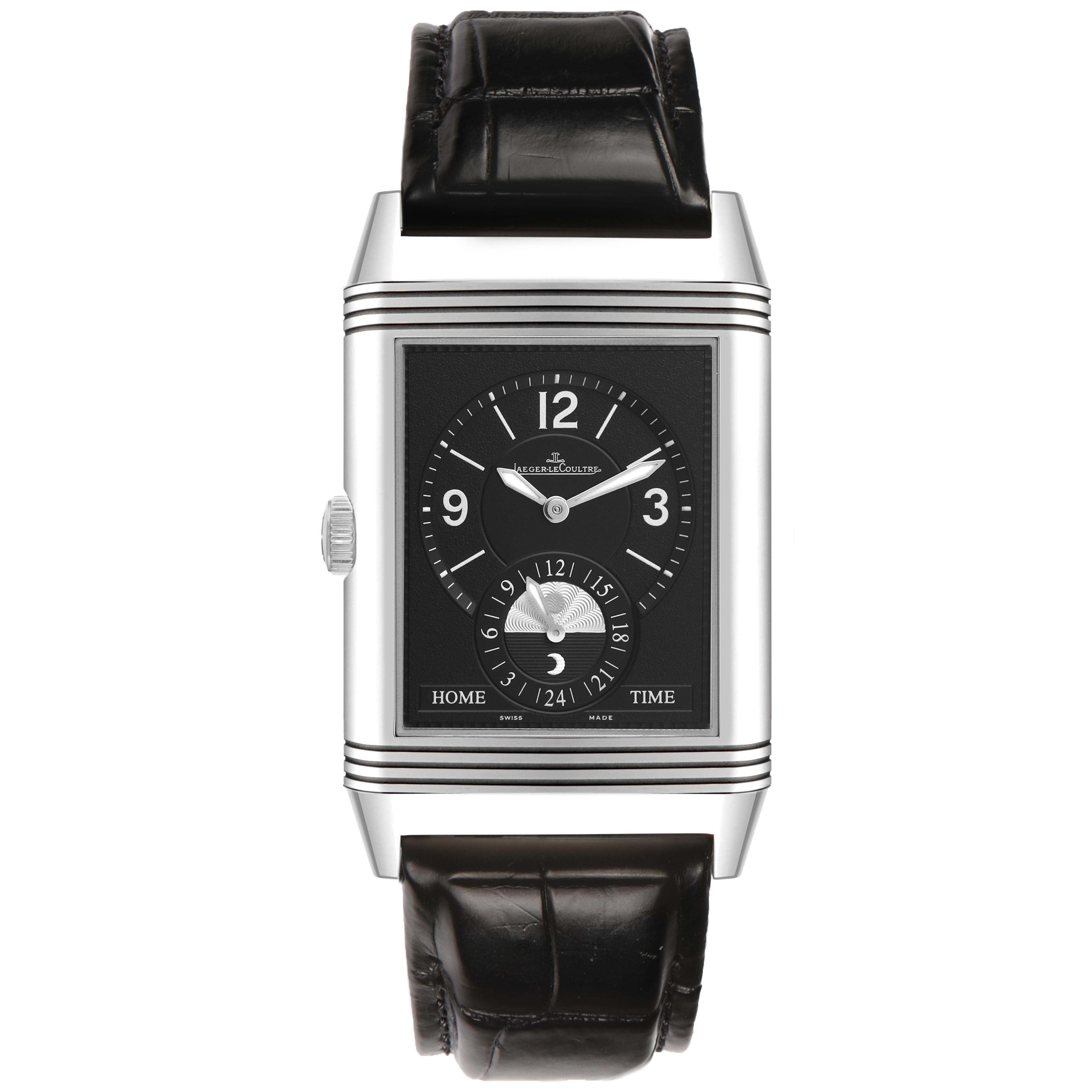 The Jaeger-LeCoultre Reverso watch is shown from a front angle, displaying the face, hands, dial, and leather strap.