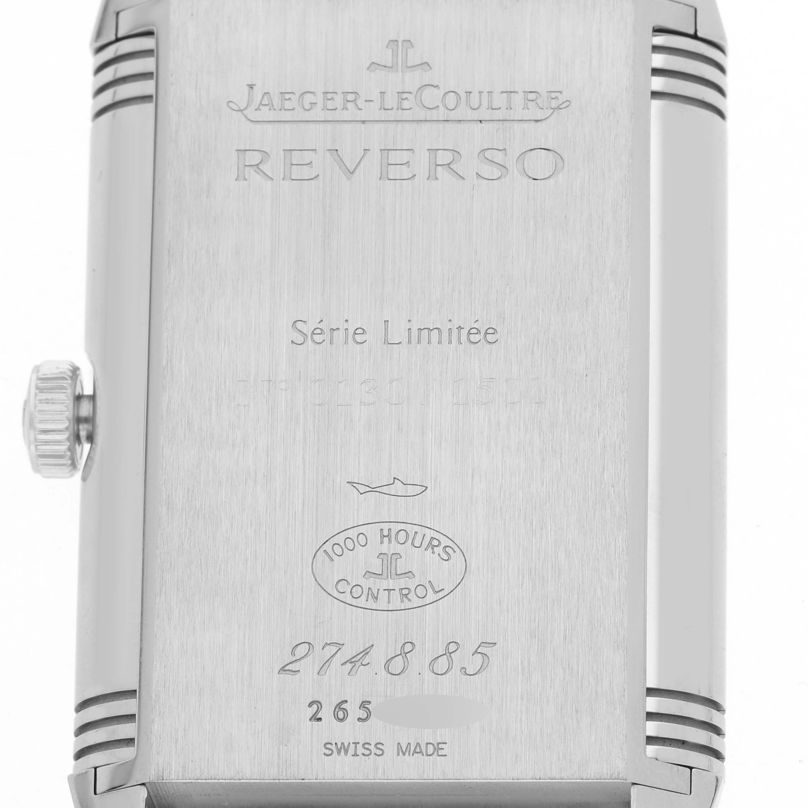 This image shows the back of the Jaeger-LeCoultre Reverso watch, highlighting the branding and limited edition engravings.