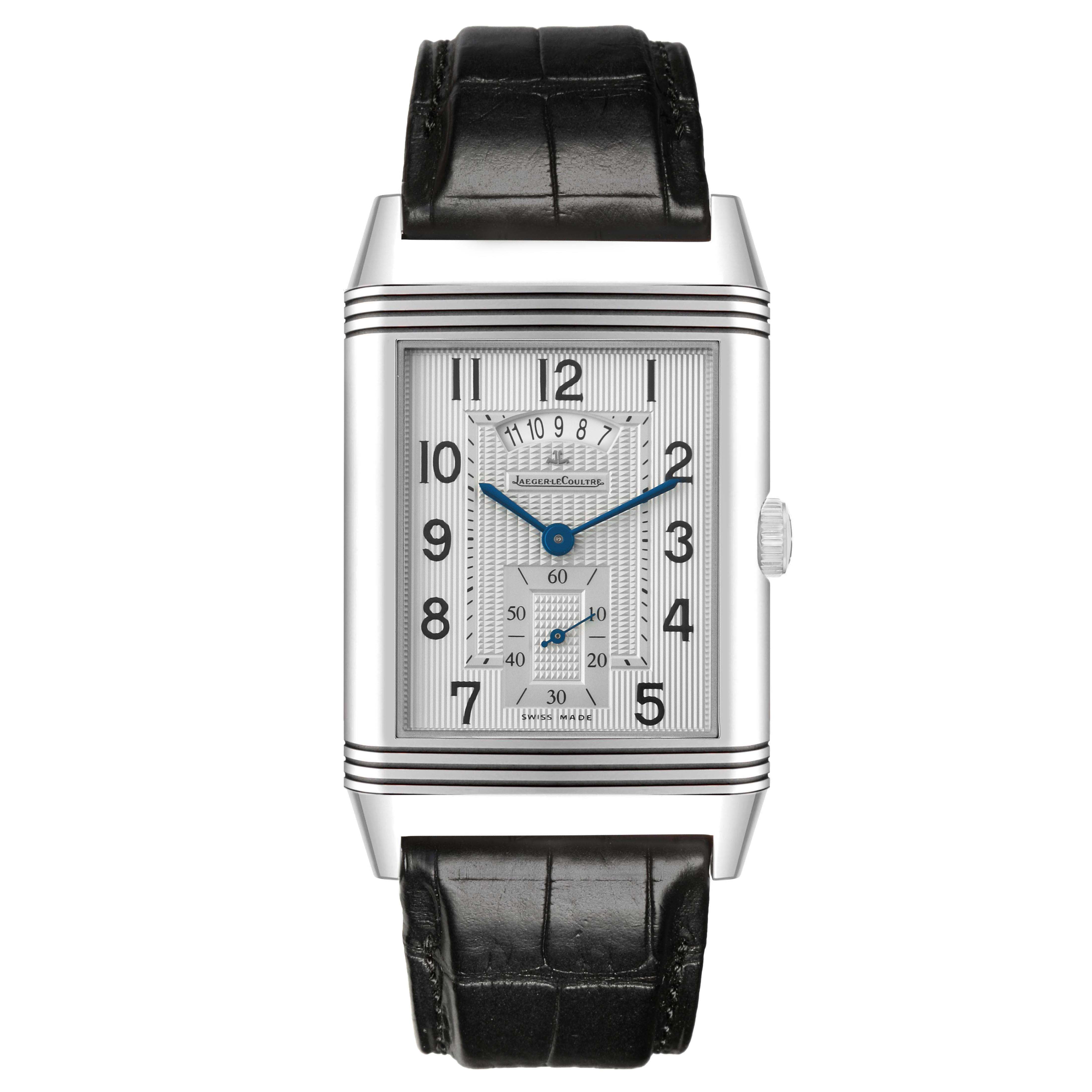The Jaeger-LeCoultre Reverso watch is shown from the front, highlighting the dial, numerals, and leather strap.