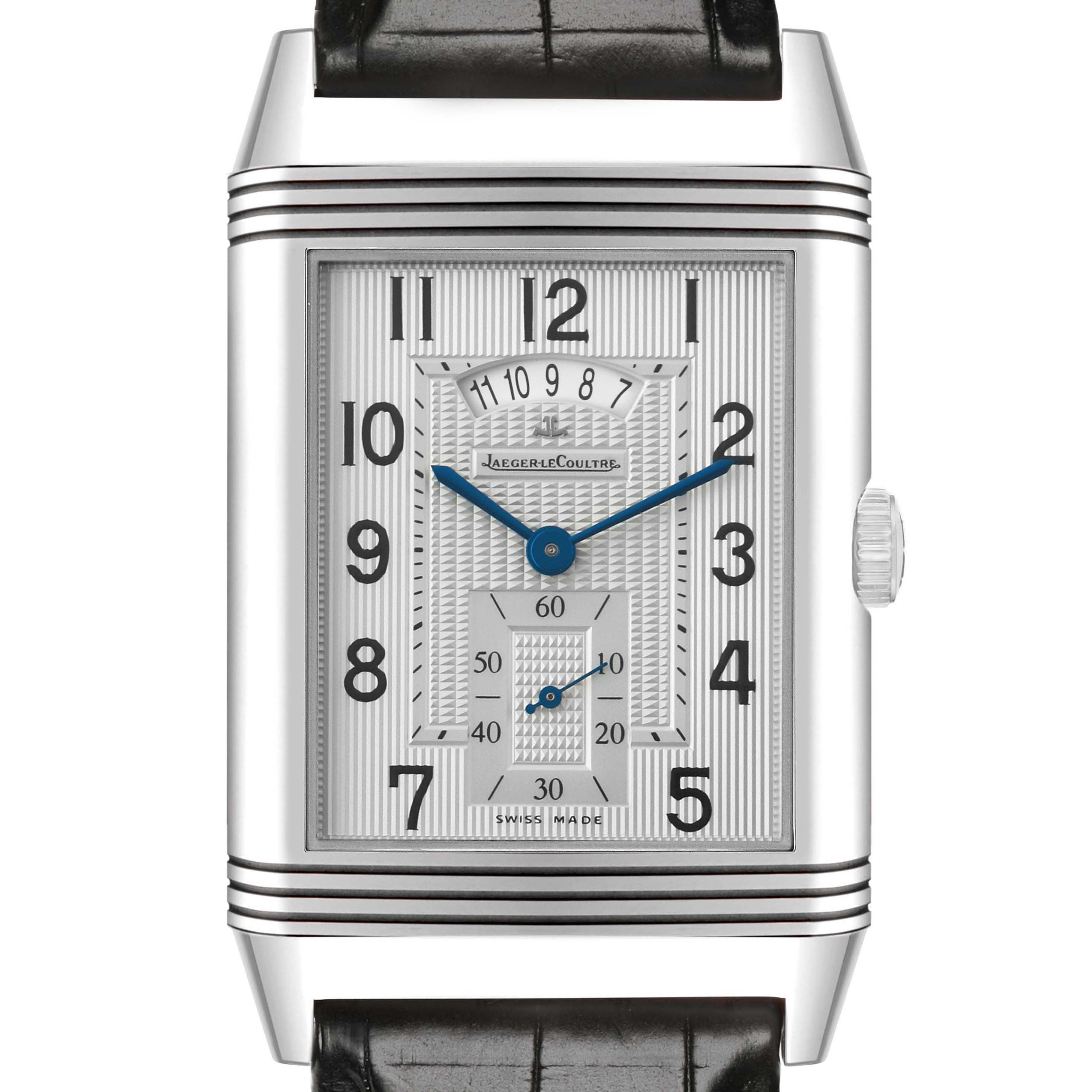 The Jaeger-LeCoultre Reverso is shown from the front, displaying the dial, hands, crown, and part of the strap.