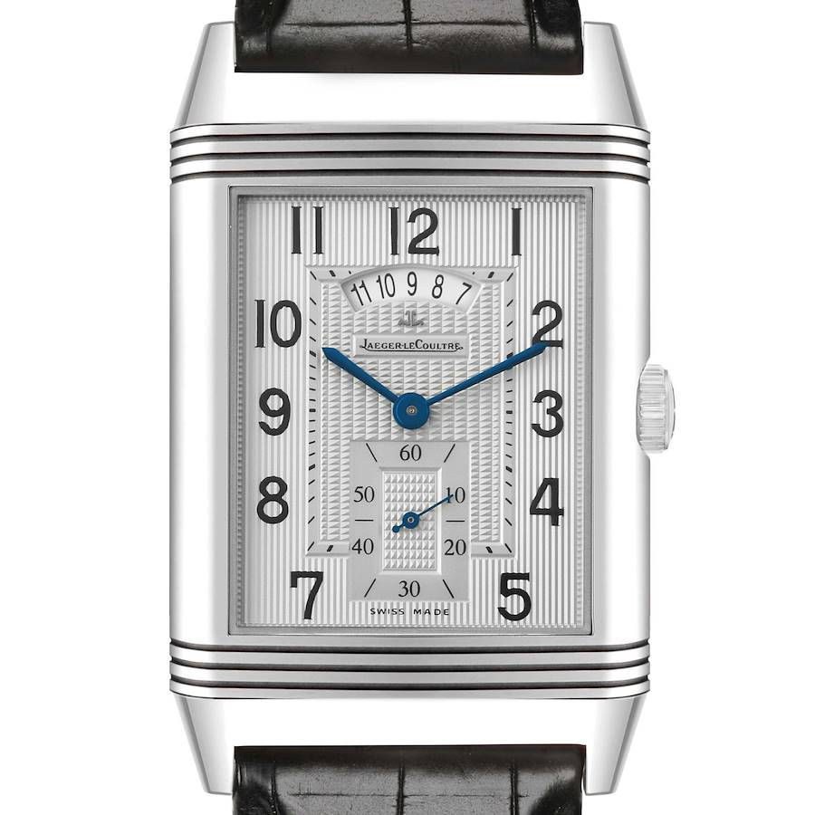 The Jaeger-LeCoultre Reverso is shown from the front, displaying the dial, hands, crown, and part of the strap.