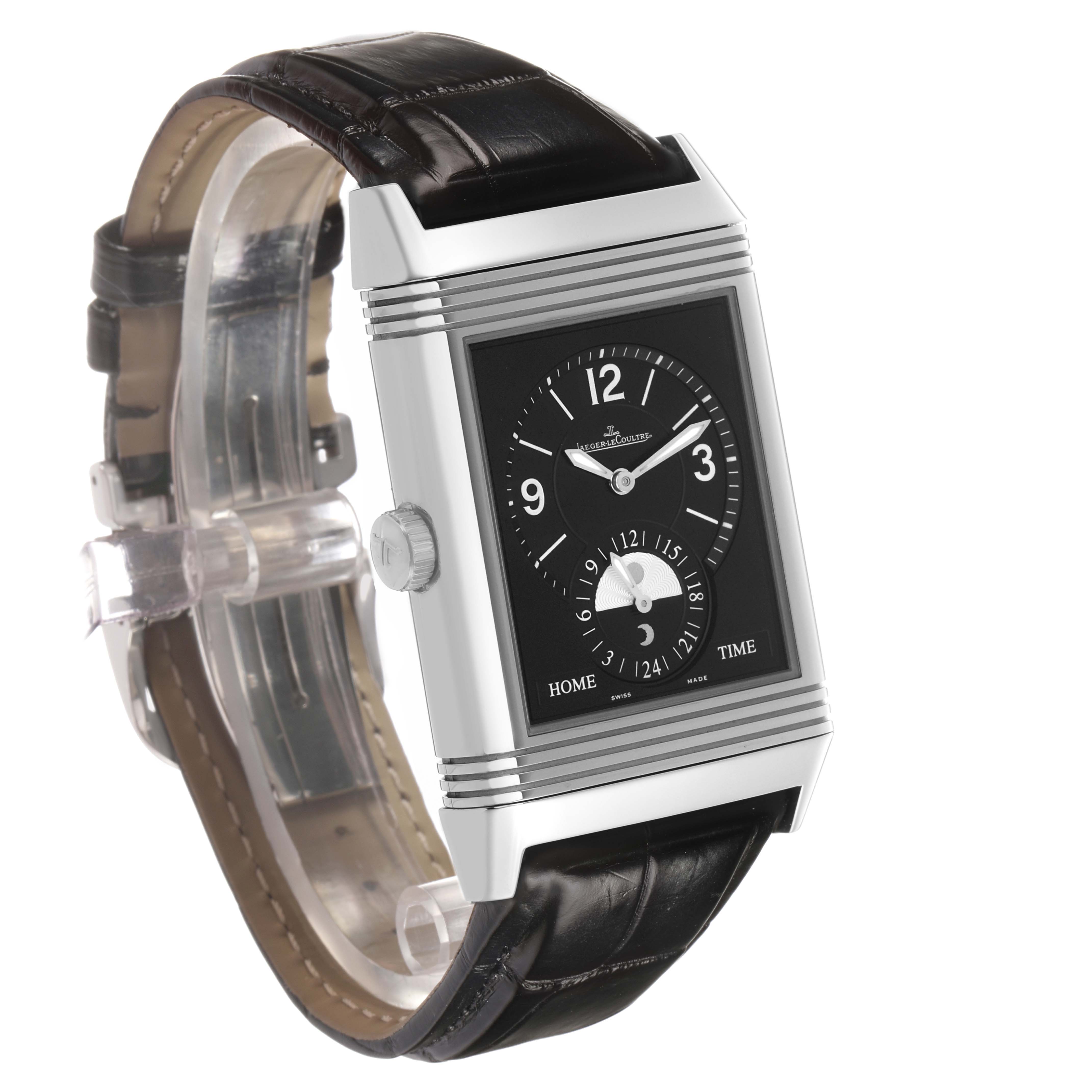 The Jaeger-LeCoultre Reverso watch is shown at an oblique angle, highlighting the face, crown, and strap.