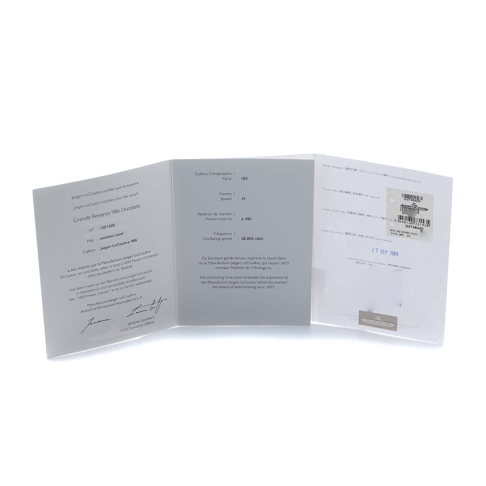 The image shows the open manual or certificate for the Jaeger LeCoultre Reverso 274.8.85 Men's Stainless Steel Silver Dial model from a frontal angle.