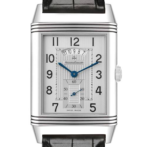 The Jaeger LeCoultre Reverso 274.8.85 Men's Stainless Steel Silver Dial watch is shown from the front, displaying its face, hands, crown, and part of the strap.