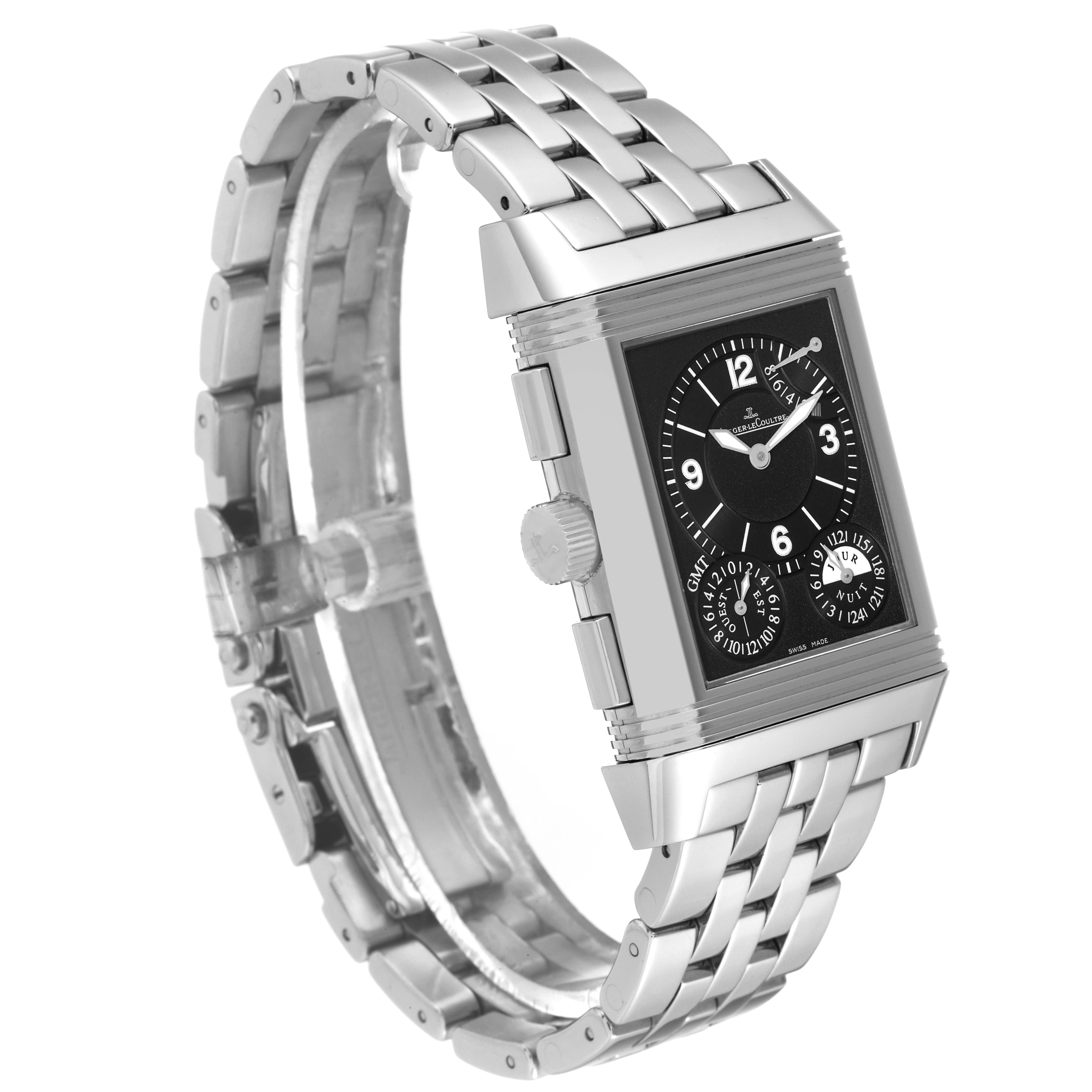 The image shows a Jaeger LeCoultre Reverso Q3028120 Men's Stainless Steel Silver Dial Q3028120 Men's Stainless Steel Silver Dial watch at a three-quarter angle, highlighting the face, crown, and bracelet.