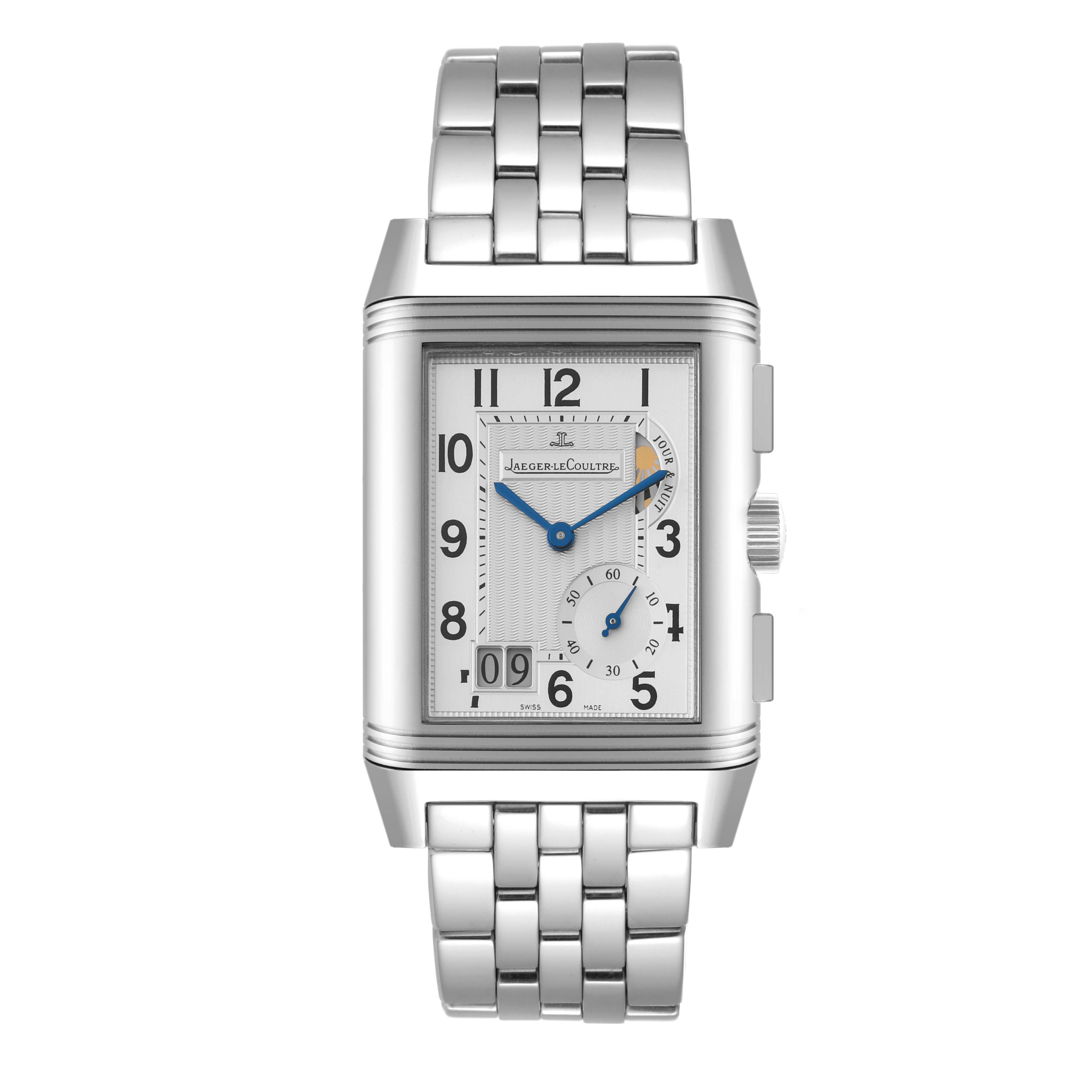 The image shows a front view of the Jaeger-LeCoultre Reverso watch, displaying its dial, numerals, and bracelet.