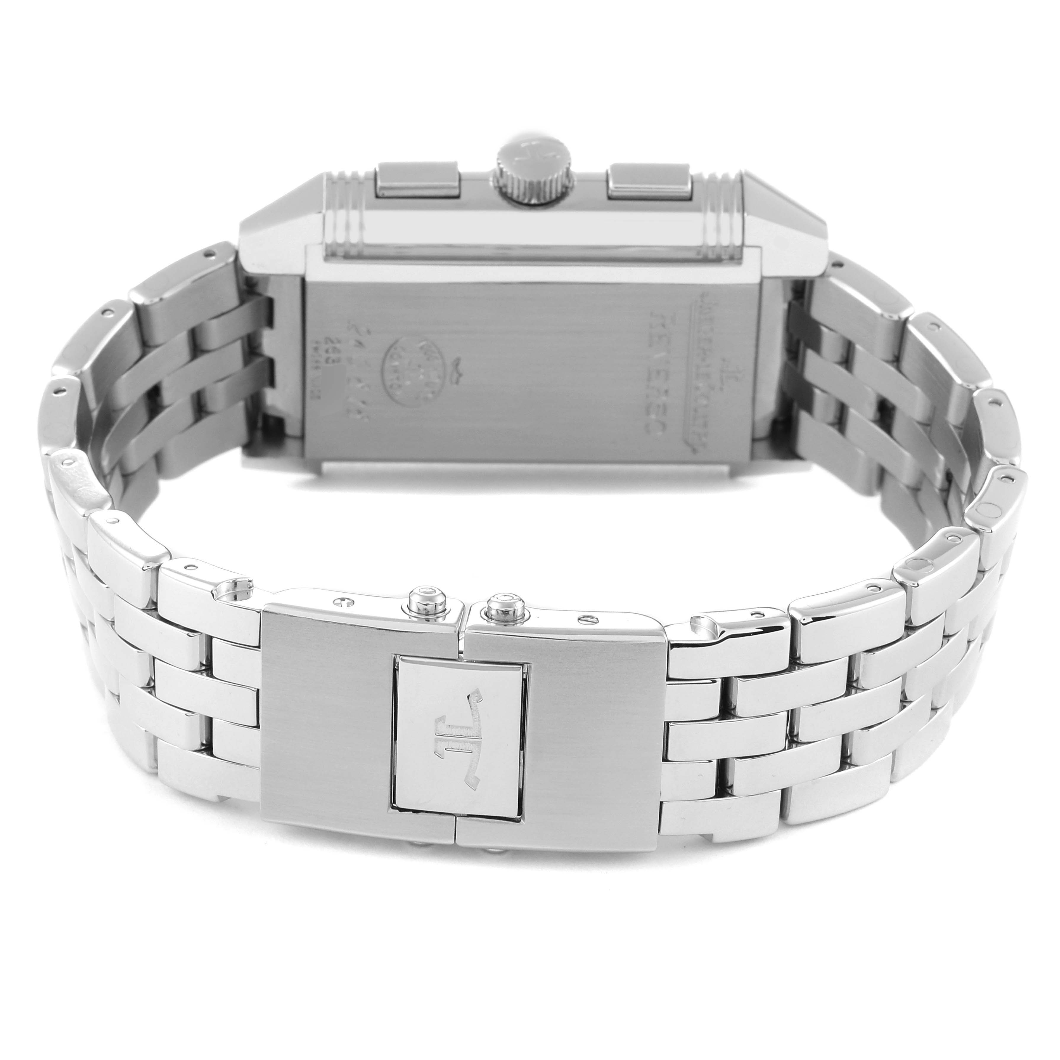 This image shows the back and clasp of the Jaeger-LeCoultre Reverso watch, highlighting the backside engraving and stainless steel bracelet.