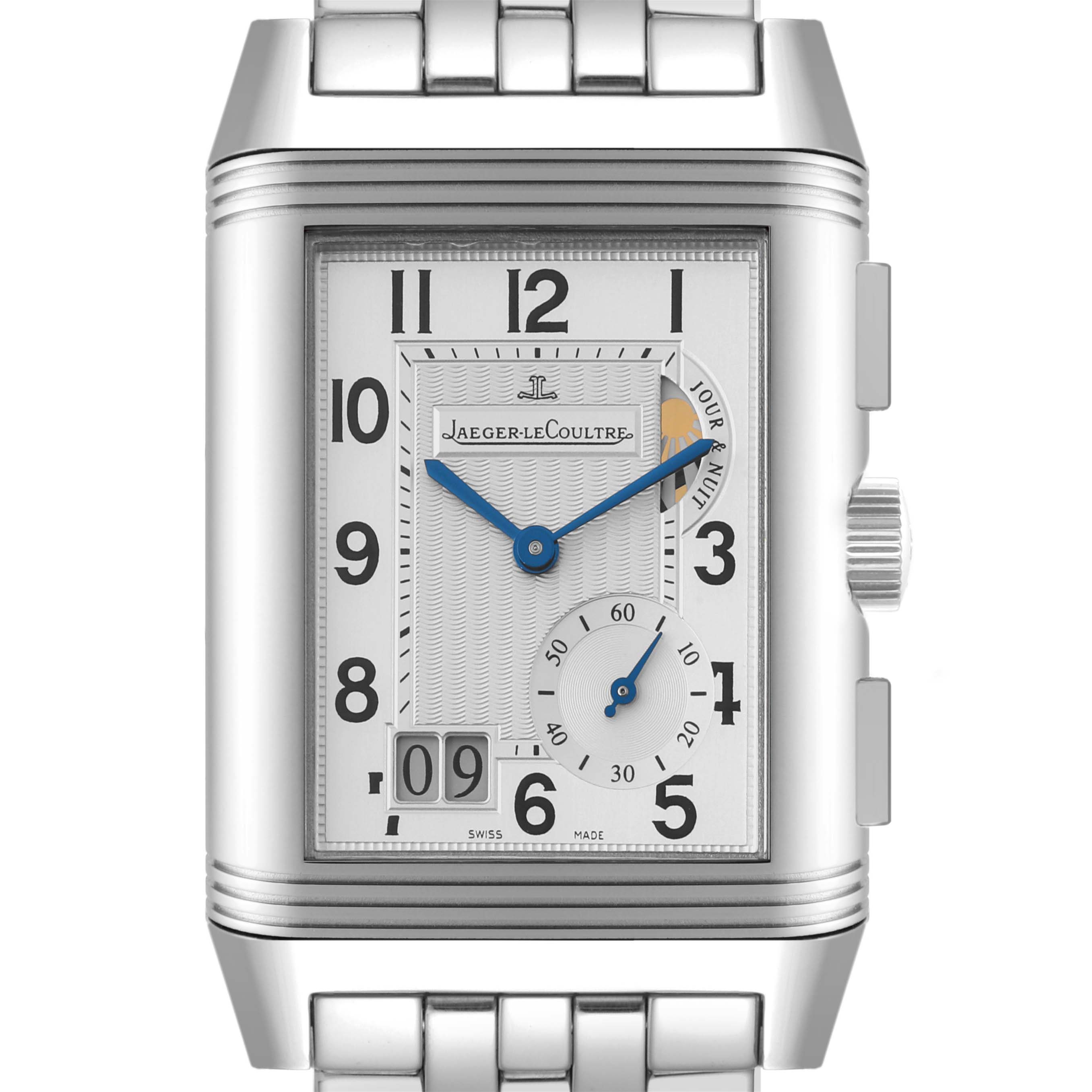 The image shows a frontal view of the Jaeger-LeCoultre Reverso model watch, highlighting its dial and bracelet.