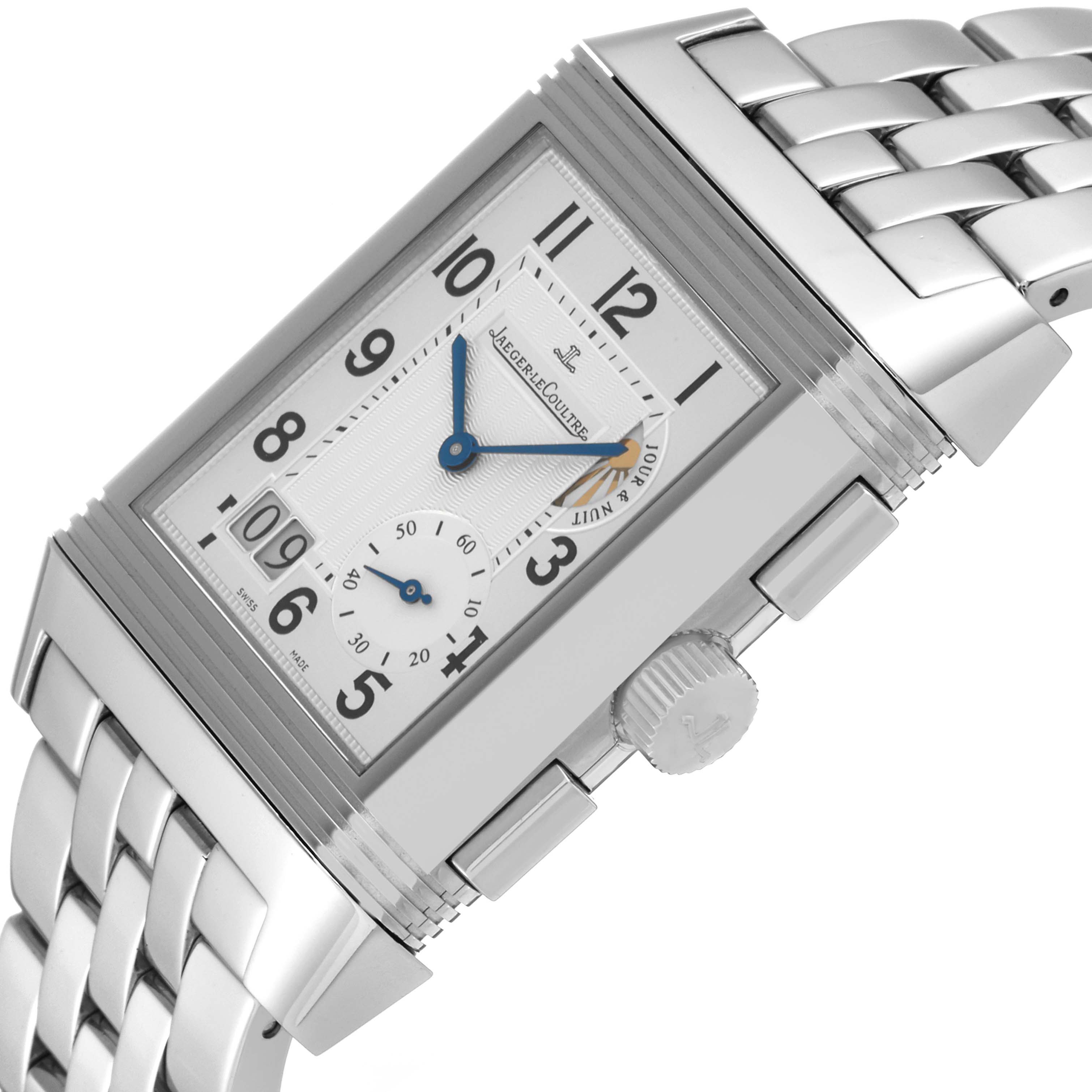 The Jaeger-LeCoultre Reverso watch is shown at an angle highlighting the dial, crown, and metal bracelet.